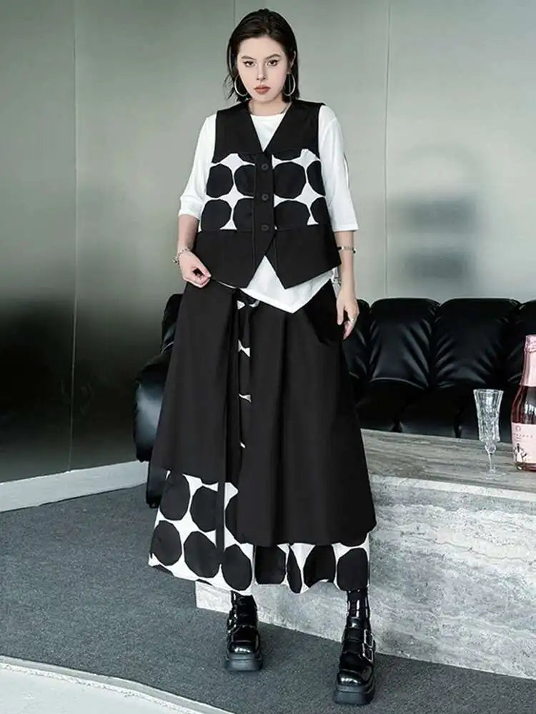 Plus Size Black Polka Dot Vest & Wide Leg Pants 2-Piece Set - Women's Fashion V-Neck Sleeveless Outfit for Spring/Fall 2025 | Office Wear, Casual Chic, Party Outfit