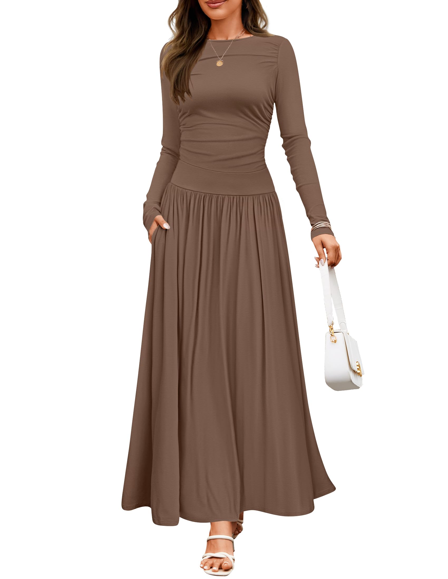 ZESICA Women's Long Sleeve Maxi Dress 2025 - Crewneck Knit Casual Swing Dress with Pockets | Spring Slim Pleated Flowy Dress for Date Night, Office & Vacation