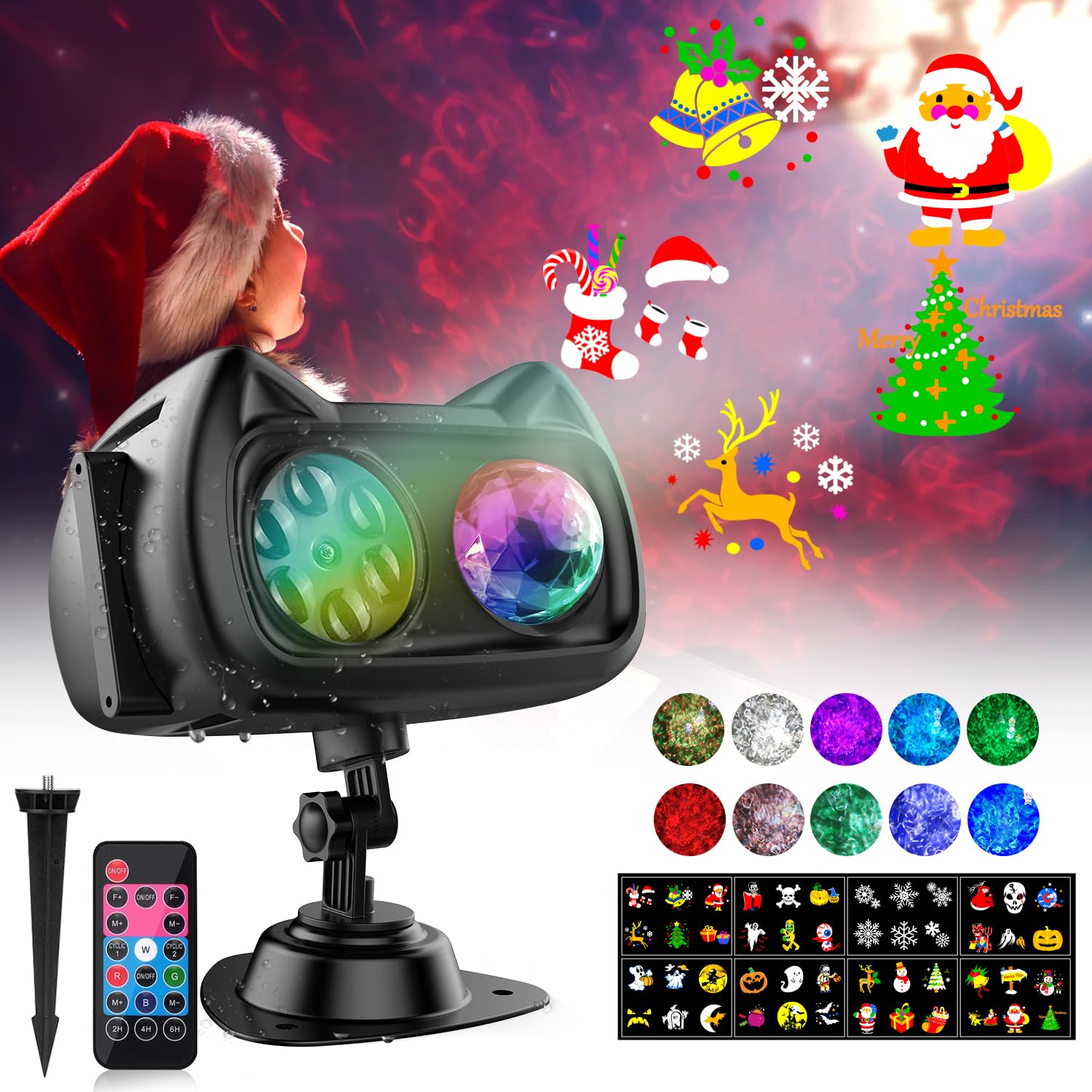 Christmas Projector Lights Outdoor - 18 HD 3D Effects with Ocean Wave & Holiday Patterns, Waterproof Holiday Light Projector with Timer - Perfect for Yard Decorations, House Lighting & Festive Atmosphere