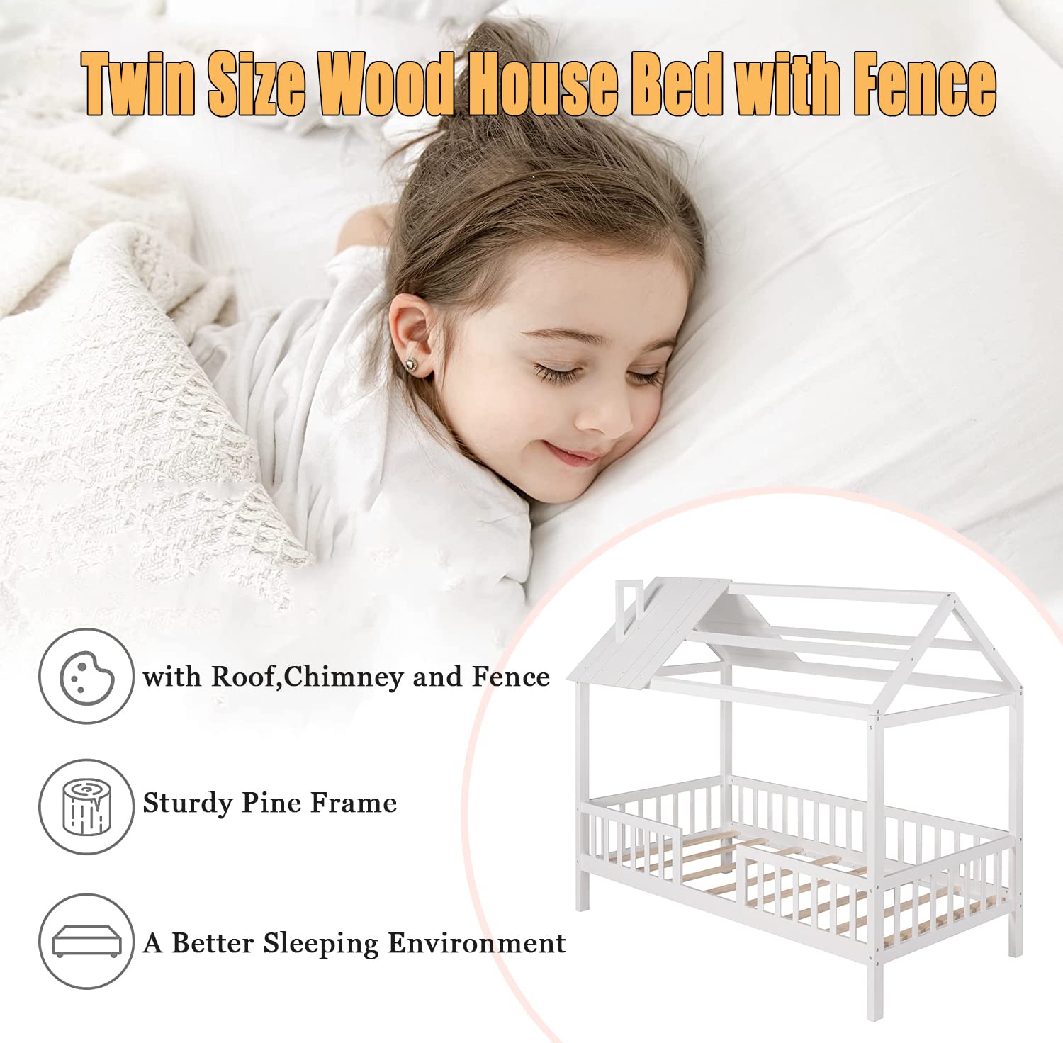 Harper & Bright Designs Twin Size Kids House Bed - Wooden Bed Frame with Roof, Chimney & Fence - Toddler Platform Bed with Slats Support (No Box Spring Needed) - White & White - Perfect for Kids' Bedroom, Playroom & Nursery Decor
