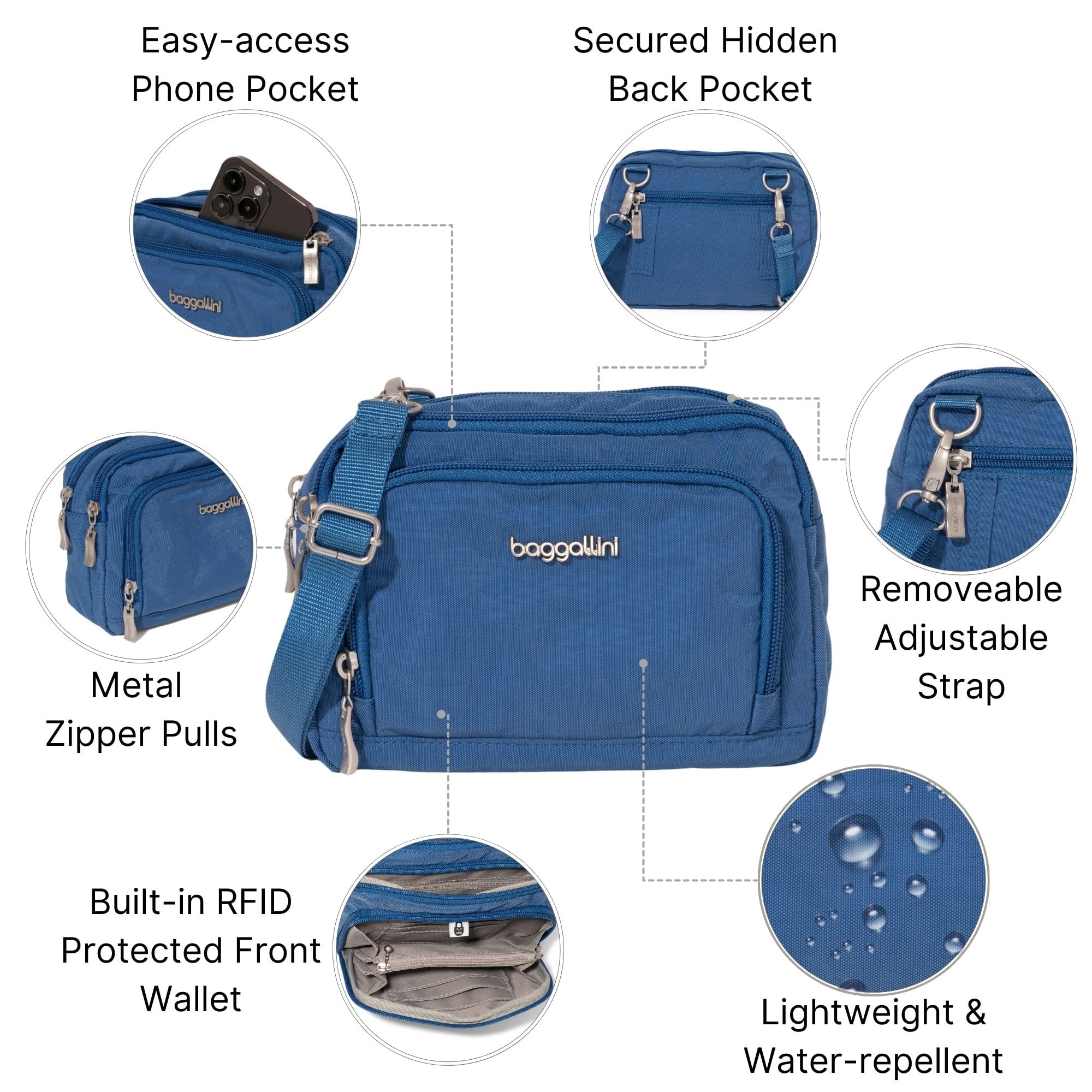 Baggallini RFID Blocking Triple Zip Crossbody Bag for Women - 8x6 Inch Convertible Fanny Pack, Waist Bag & Shoulder Purse - Water Resistant Travel Essentials for Shopping, Commuting & Outdoor Adventures