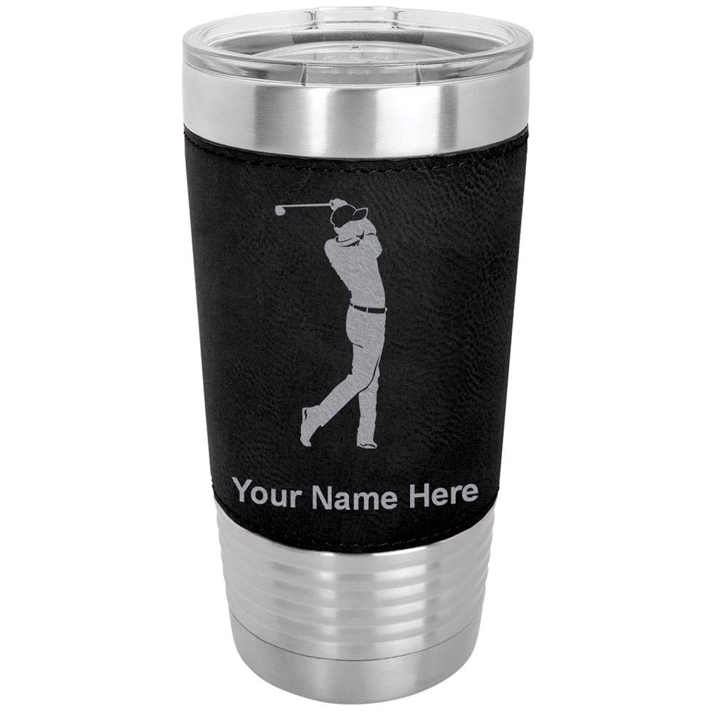 LaserGram 20oz Vacuum Insulated Stainless Steel Tumbler Mug with Leakproof Lid - Personalized Engraved Golf Gift for Men & Women - Perfect for Golf Course, Office & Outdoor Activities (Faux Leather, Black)