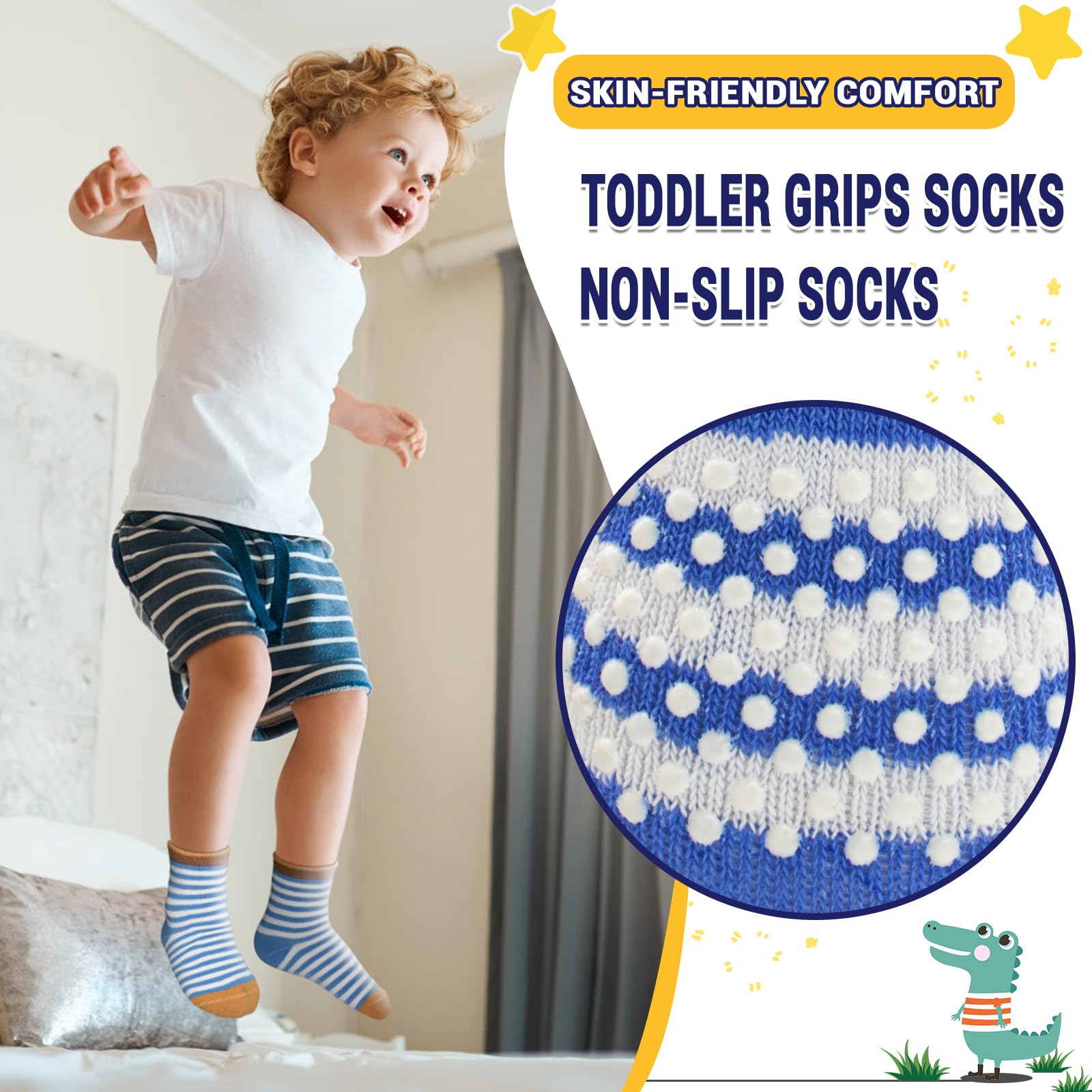 HYCLES Non-Slip Toddler Socks with Grips - 12 Pairs Baby & Kids Cotton Slipper Socks for Boys & Girls Ages 1-7 Years - Perfect for Playtime, Daycare & Learning to Walk