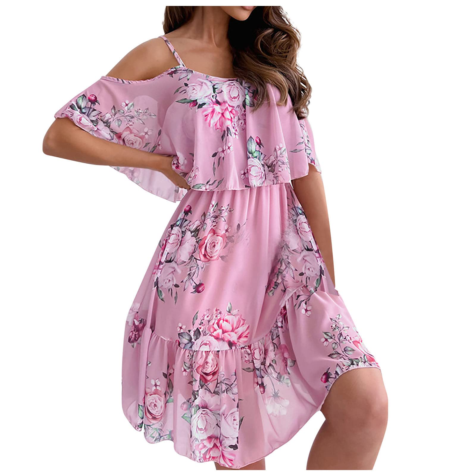 Floral Midi Dress for Women - Casual Spaghetti Strap Off Shoulder Wrap Ruffled Swing Dress for Party, Wedding, Vacation & Summer Outfits