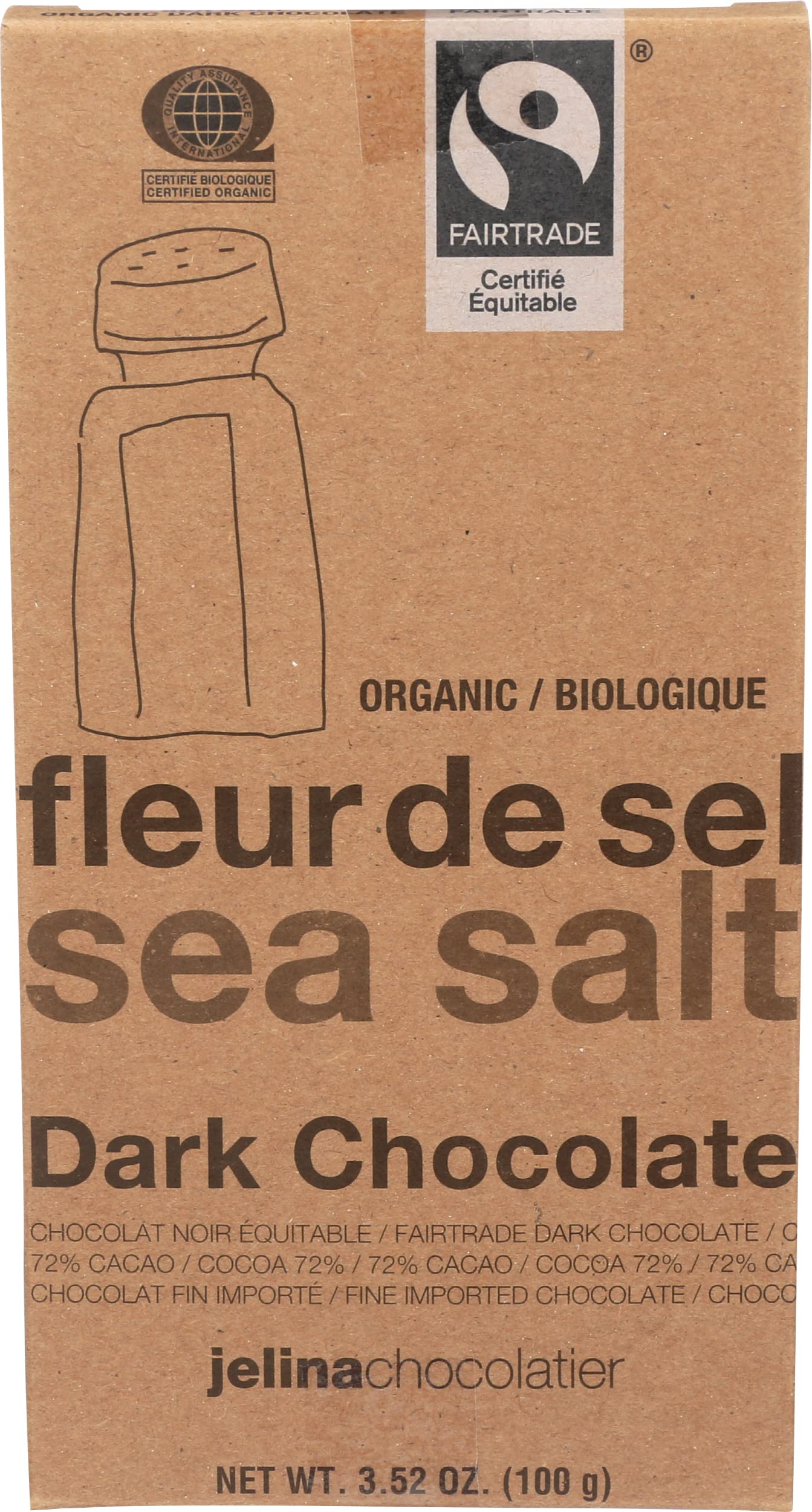 Organic Sea Salt Dark Chocolate Bar 72% Cocoa (3.52 oz) - Premium Gourmet Chocolate for Gifts, Desserts & Healthy Snacking