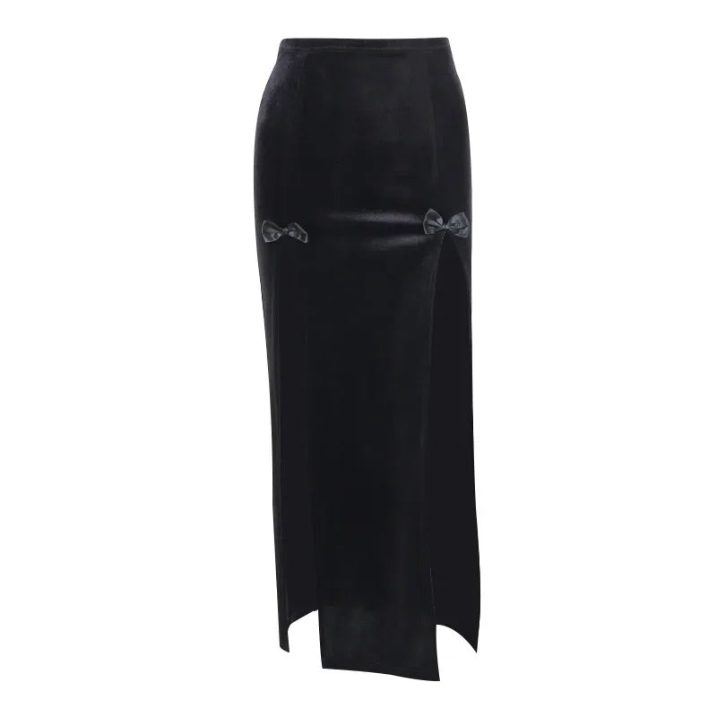 Gothic Punk High Waist Long Skirt for Women - Winter Velvet Black Sexy Skirt with Double Slit | Alt Fashion A-Line Maxi Skirt | Perfect for Gothic Parties, Concerts, and Dark Fashion Outfits (Style P80 CZ22)