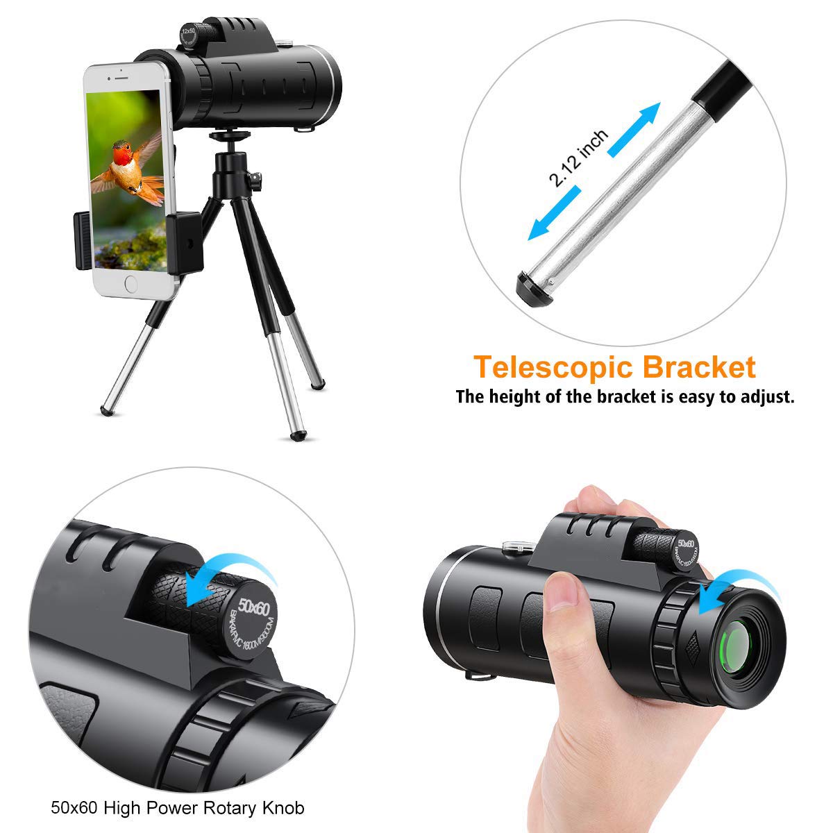 40x60 High Power Monocular Telescope - Portable & Waterproof with Smartphone Holder & Tripod for Bird Watching, Camping, Travel - Clear Prism Dual Focus for Adults & Outdoor Enthusiasts | Perfect for Wildlife Observation, Hiking Adventures & Sporting Events