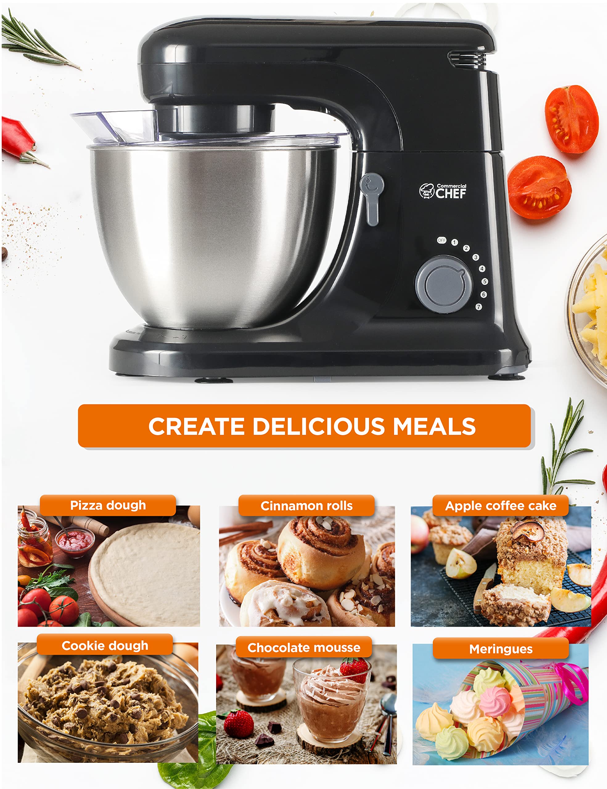 Commercial Chef 4.7QT Electric Stand Mixer - 7-Speed Heavy Duty Kitchen Mixer for Baking, Dough Kneading & Cooking - Perfect for Home Bakers & Professional Chefs