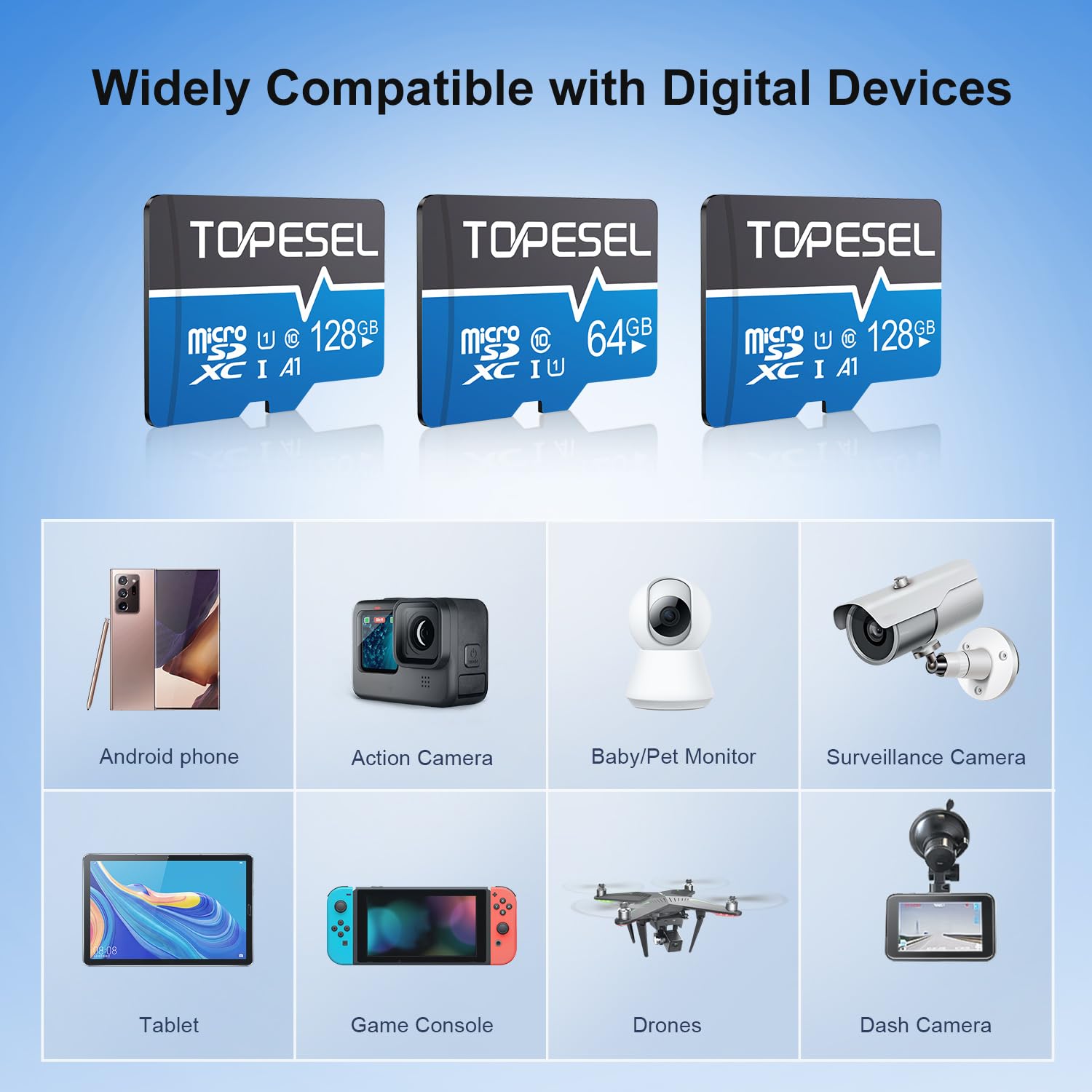 TOPESEL 128GB Micro SD Card - Class 10 UHS-1 U1 V10 High Speed Memory Card for Smartphones, Cameras, Drones & Gaming - Waterproof, Shockproof, Temperature Resistant TF Storage Card