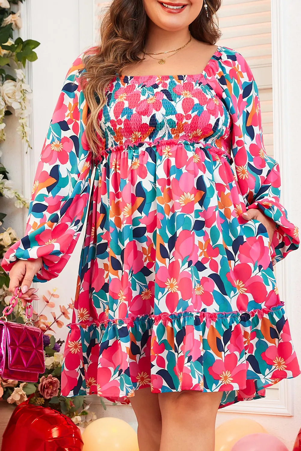 Plus Size Floral Print Smocked Square Neck Balloon Sleeve Dress for Women | Summer Wedding Guest Dress & Casual Party Wear