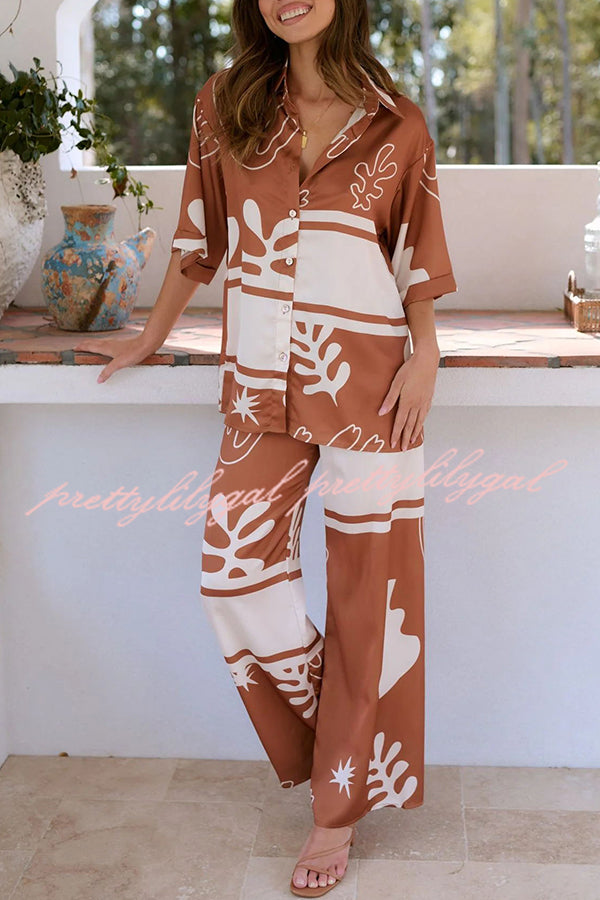 Stylish Color Block Print Button Up Shirt & Elastic Waist Pants Set for Women | Beach Outfit, Summer Vacation, Casual Wear