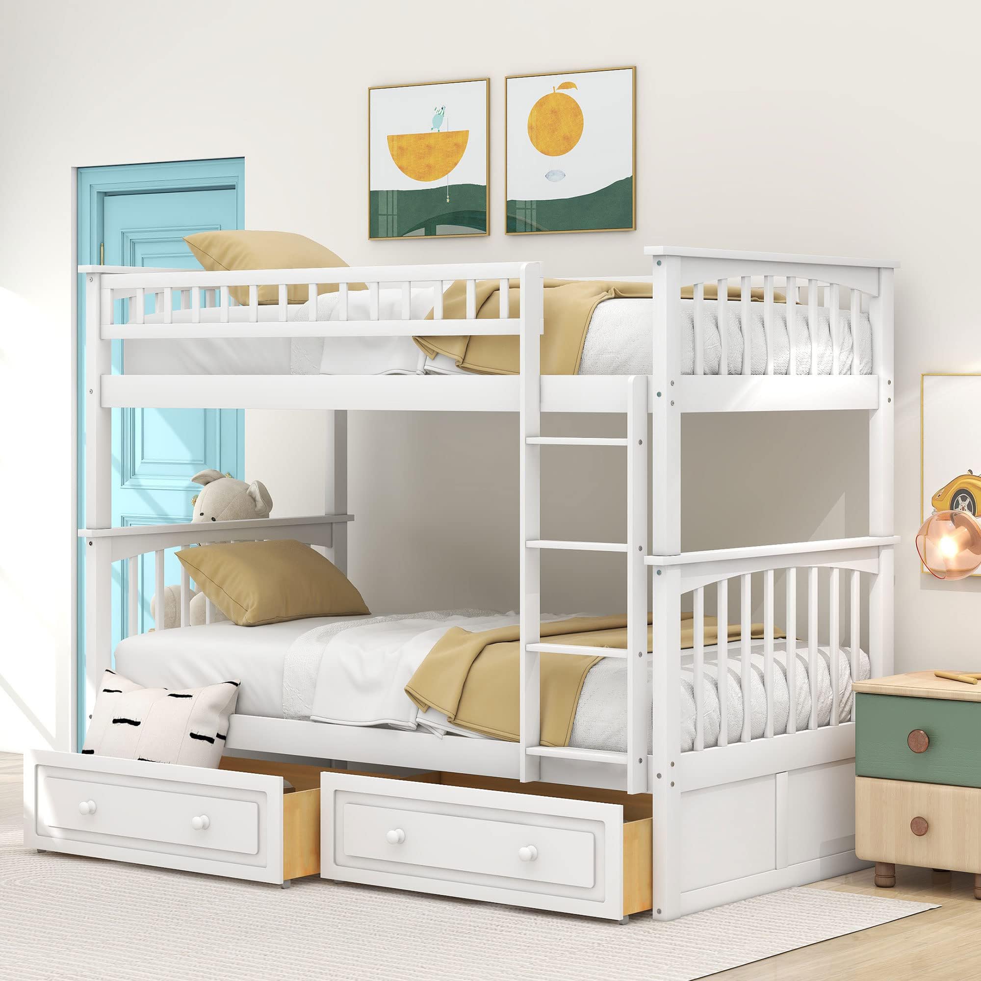 Harper & Bright Convertible Wood Twin Over Twin Bunk Bed with Storage Drawers & Ladder - Separates into 2 Daybeds - White - Perfect for Kids' Bedroom, Guest Room & Space-Saving Solutions