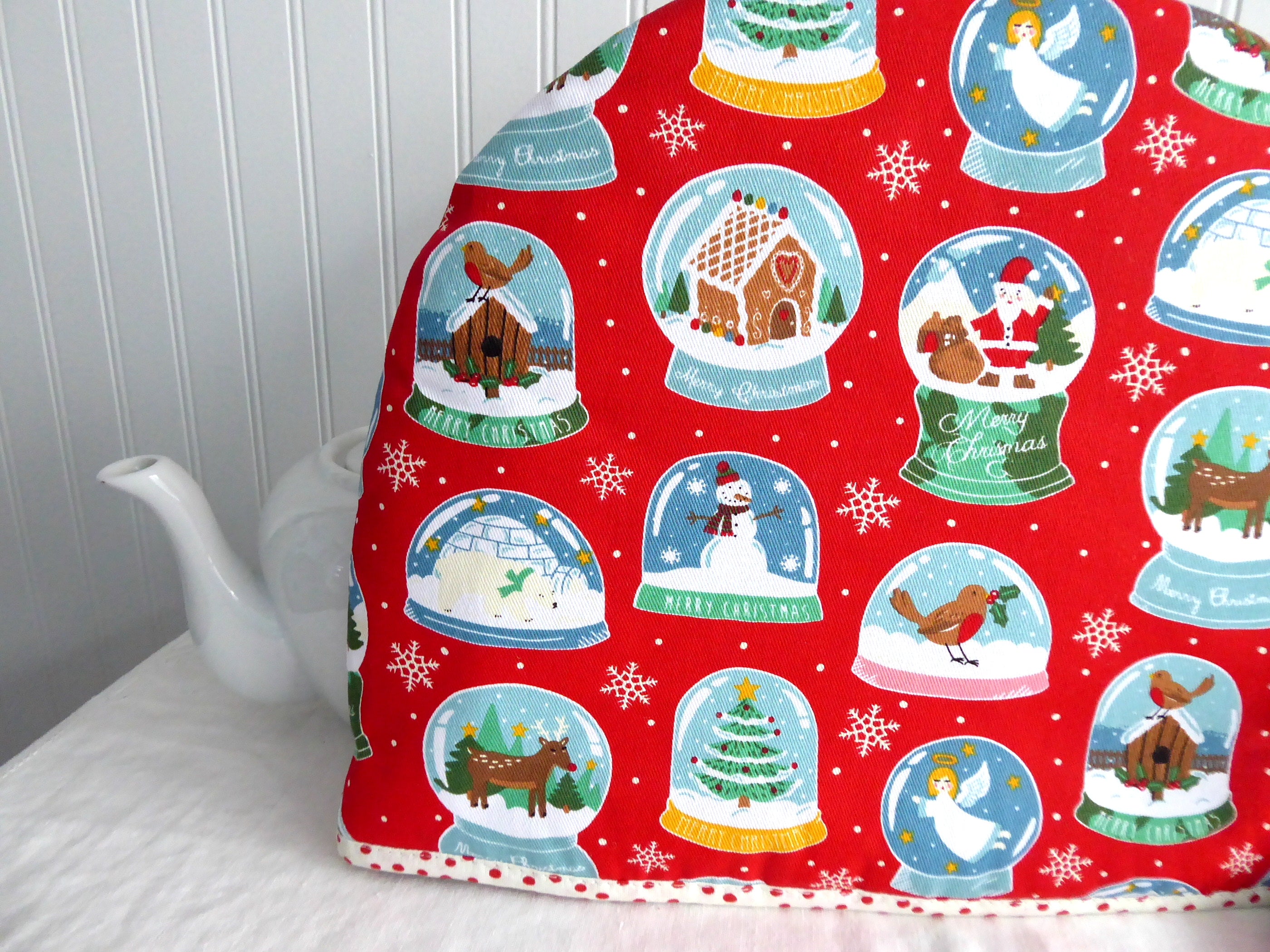 Christmas Snow Globe Tea Cozy - Large Padded Insulated Tea Pot Cover with Polka Dot Lining - Perfect for Holiday Decor & Winter Tea Parties