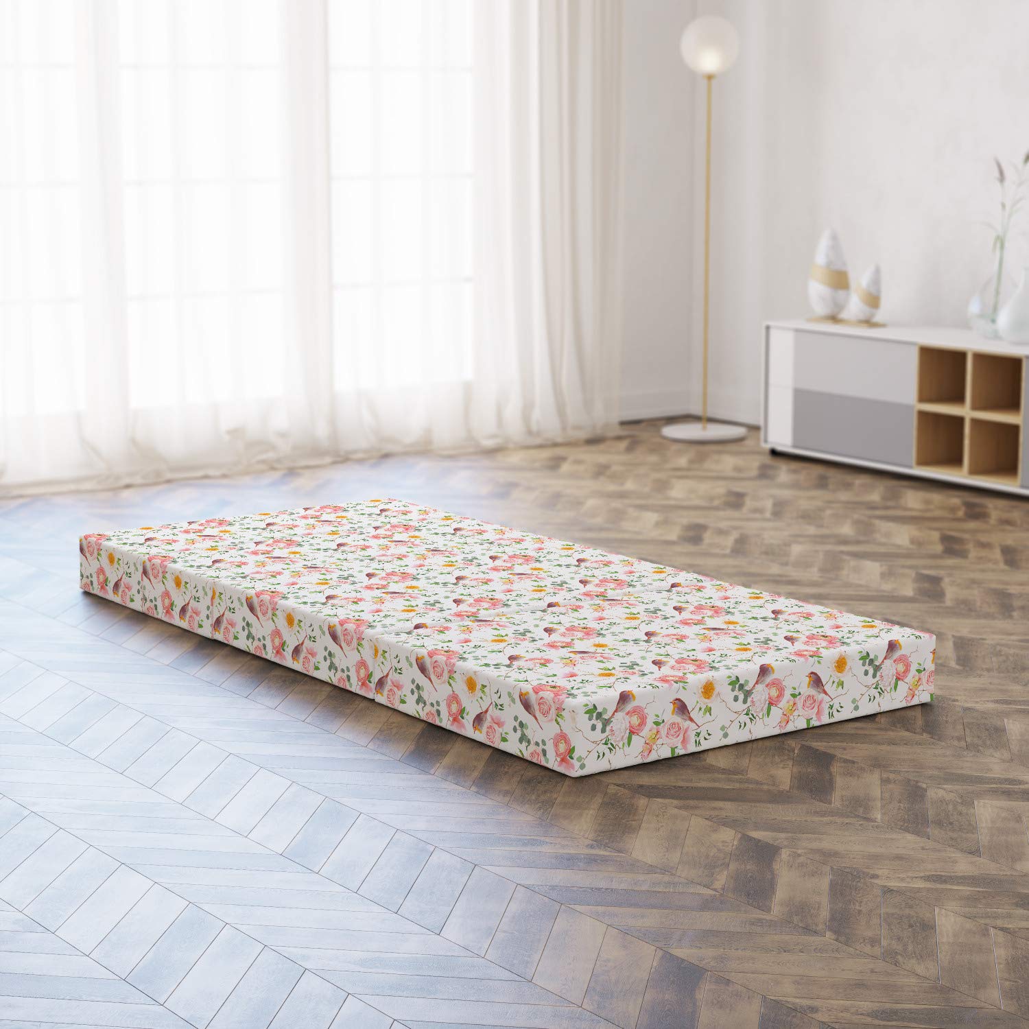 Ambesonne Foldable Mattress with Romantic Spring Forest Bird Design - 74.8