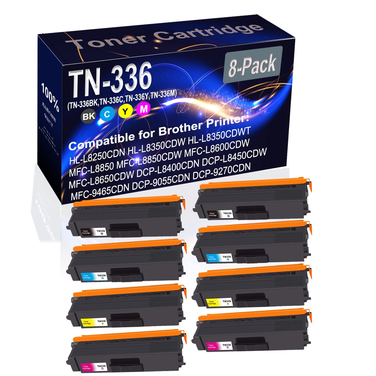 8-Pack (2BK+2C+2Y+2M) High-Capacity Compatible HL-L8250CDN Laser Printer Toner Cartridge Replacement for Brother TN336/TN-336 Series (BK/C/Y/M) - Perfect for Office Printing & High-Volume Document Needs