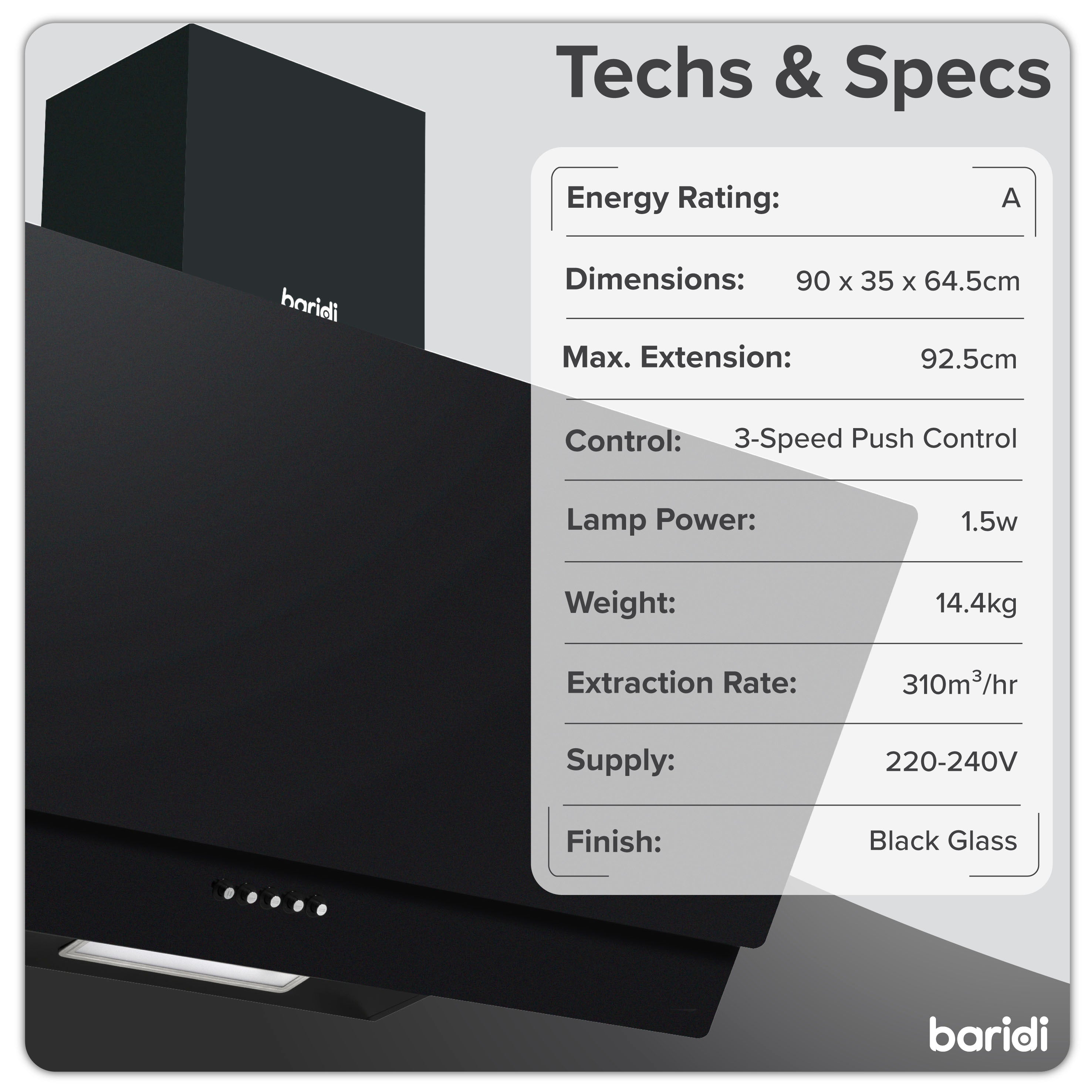 Baridi 90cm Angled Chimney Cooker Hood with Carbon Filters & LED Light - Black Glass Kitchen Extractor Fan - DH106 - Perfect for Modern Kitchens & Open-Plan Living Spaces