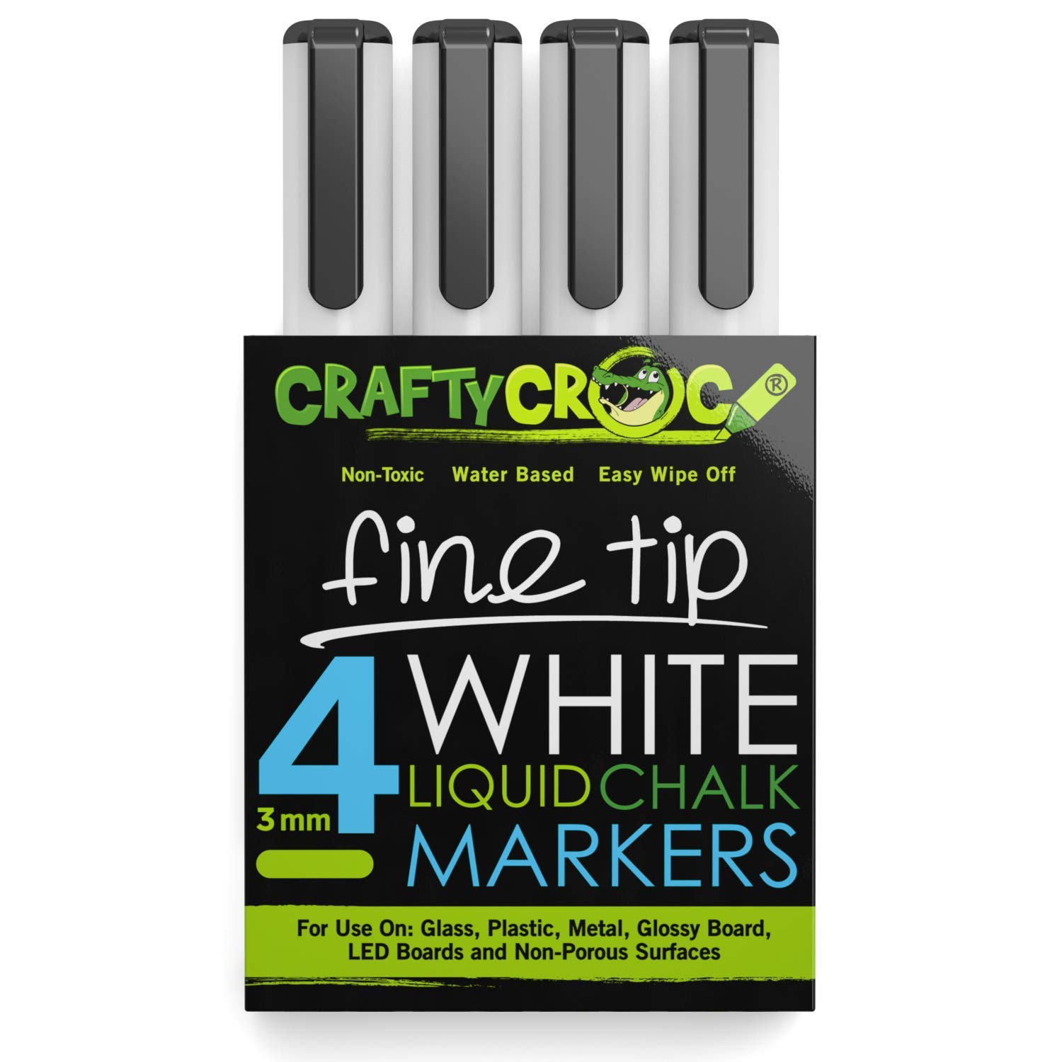 Fine Tip Chalk Markers - 3mm Precision Tip, 4 White Erasable Dustless Liquid Chalk Pens - Non-Toxic Water-Based Ink for Chalkboards, Windows, Glass & DIY Crafts