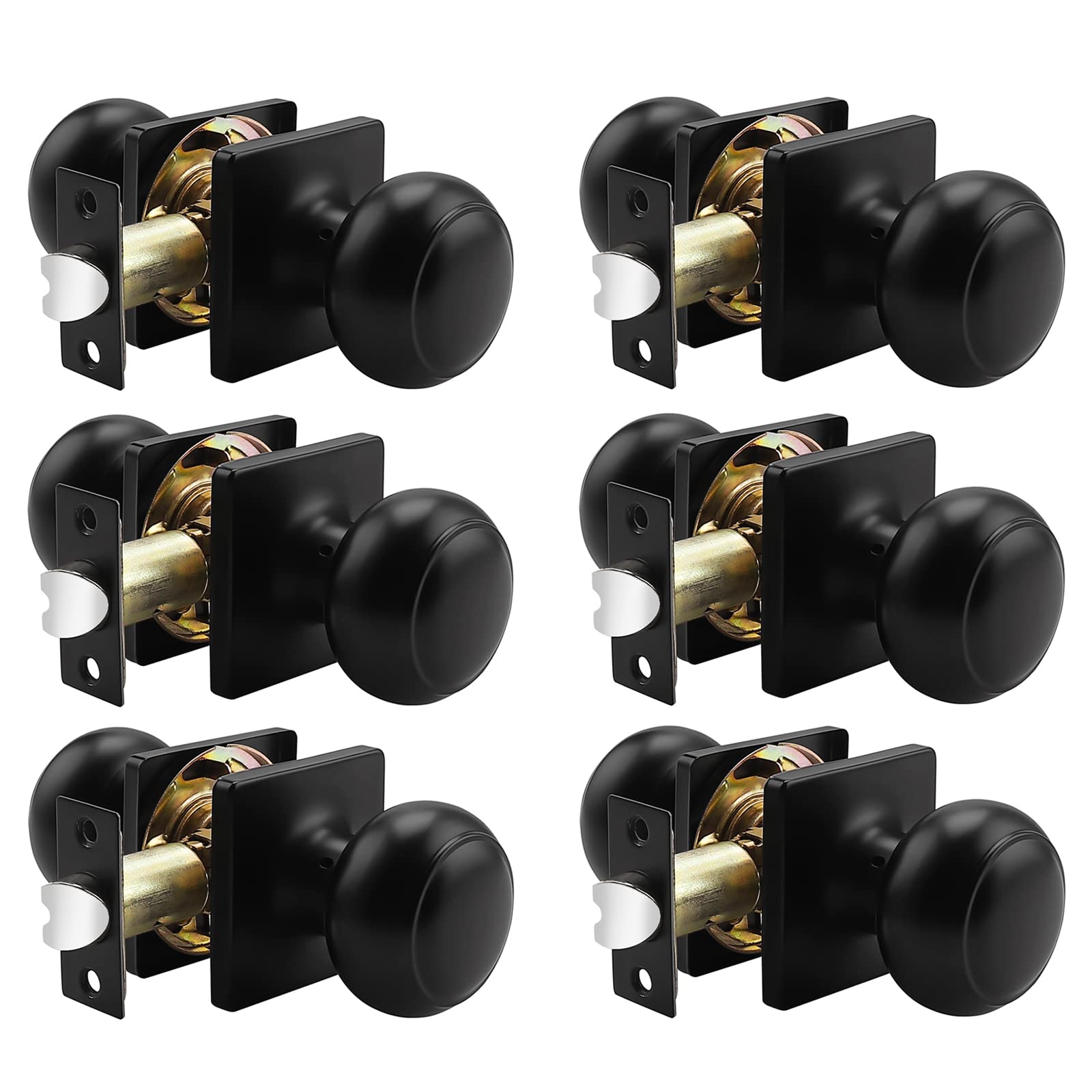 **Probrico 6-Pack Black Keyless Non-Locking Flat Ball Door Knobs - Square Rosette Interior Passage Knob for Hall, Closet & Bedroom Doors - Easy Installation & Smooth Operation**
