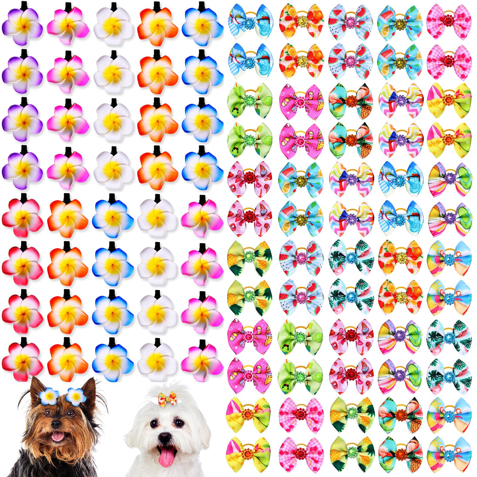 100Pcs Spring Summer Dog Bows & Hair Clips with Rubber Bands - Floral Puppy Hair Barrettes for Small Medium Large Dogs - Perfect for Grooming, Pet Parties & Daily Styling Accessories