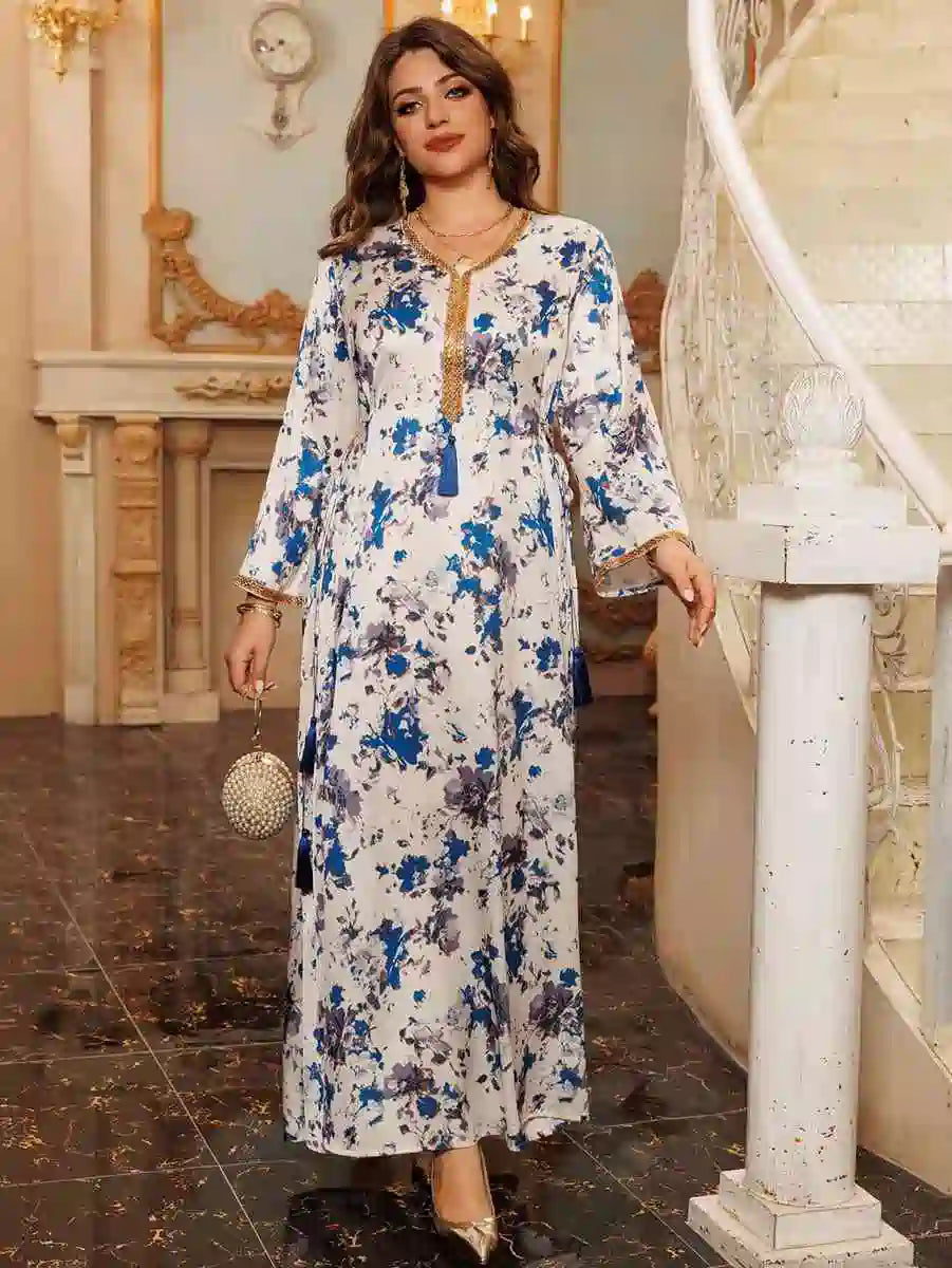 Elegant Eid Printed Caftan Dress for Women - Wedding & Party Wear | Flowy Kaftan Gown for Special Occasions, Festivals & Celebrations