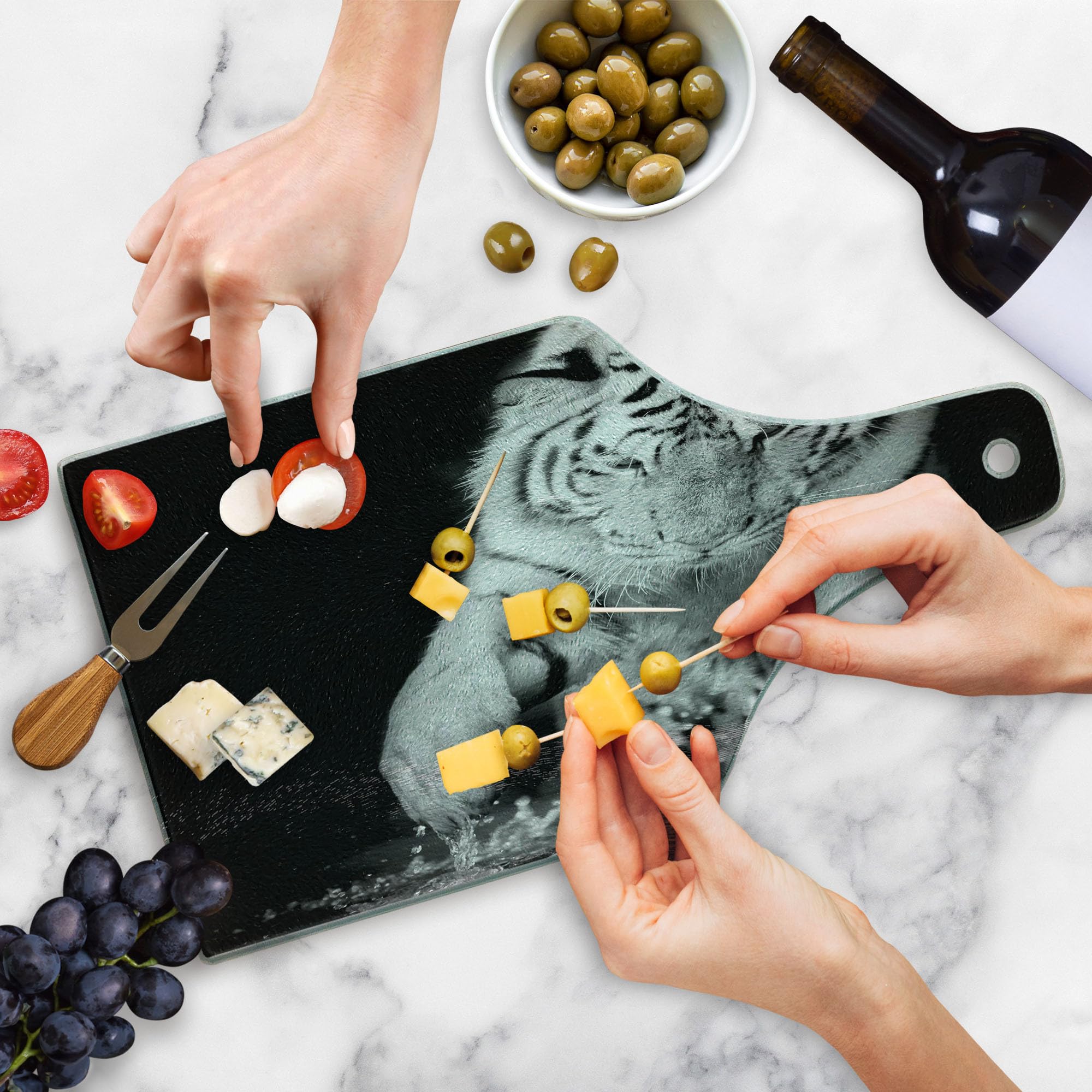 Ambesonne Tiger Tempered Glass Cutting Board - Black and White Large Cat Playing with Water Design - Decorative Serving Board with Wine Bottle Shape - Perfect for Kitchen Use, Charcuterie Display, and Party Serving