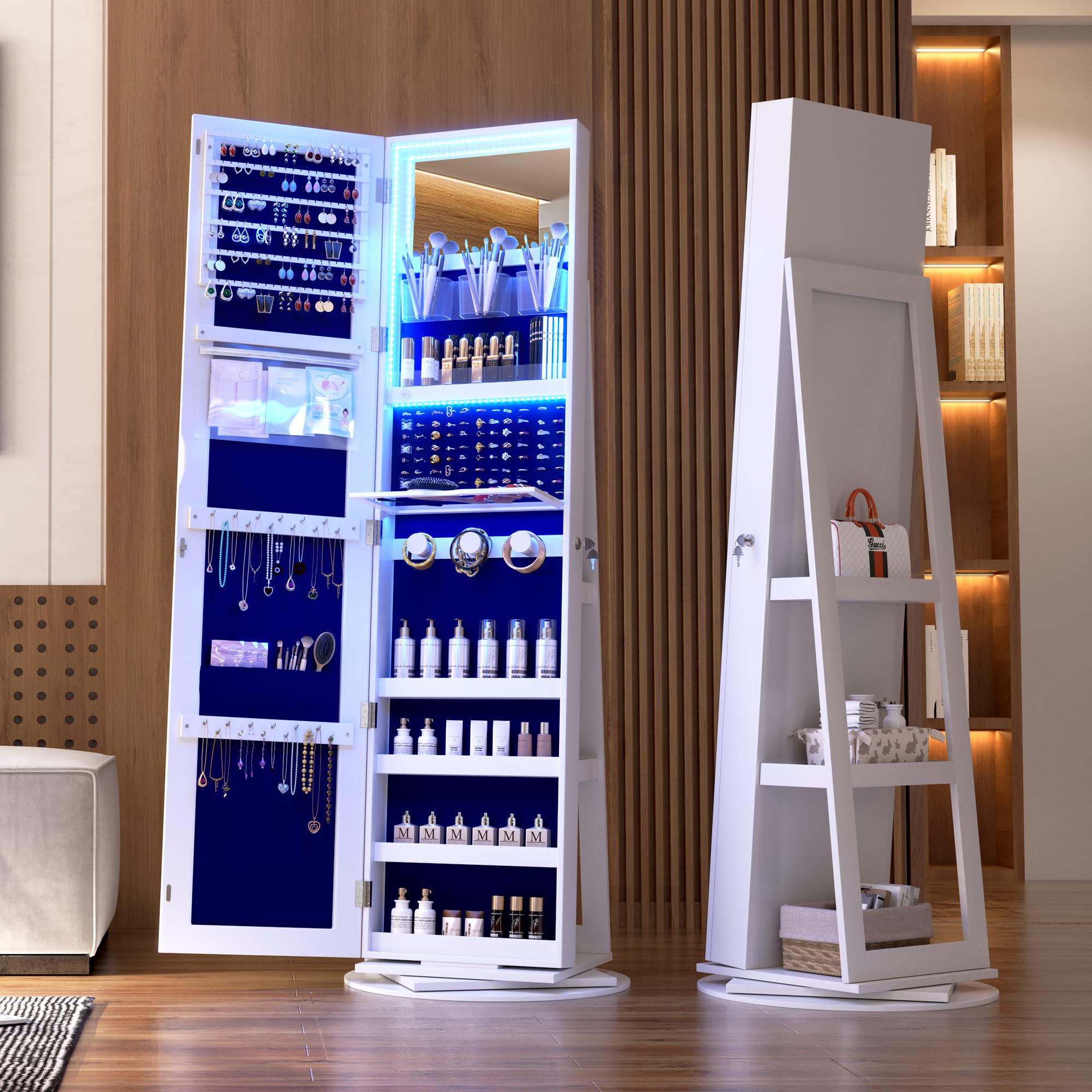 Vlsrka LED Jewelry Armoire with Full Length Mirror - 360° Rotating Standing Jewelry Cabinet with Lock, Inner Makeup Mirror & Soft Velvet Lining - Large Jewelry Organizer for Necklaces, Rings, Earrings - Perfect for Bedroom, Living Room & Dressing Room Decor