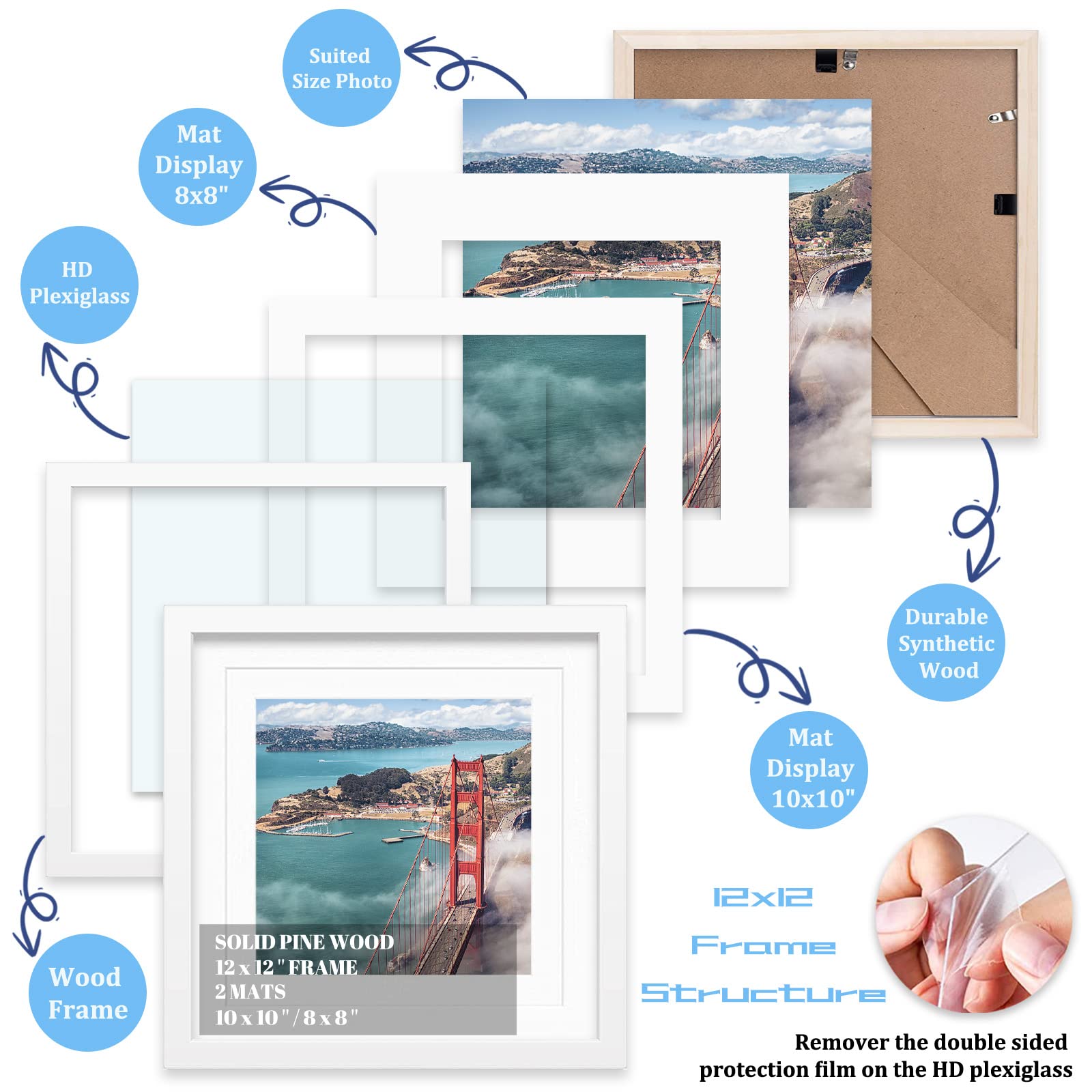 12x12 Wood Picture Frames - Wall or Tabletop Display for 8x8/10x10 Photos - Perfect for Home Decor, Weddings & Gifts