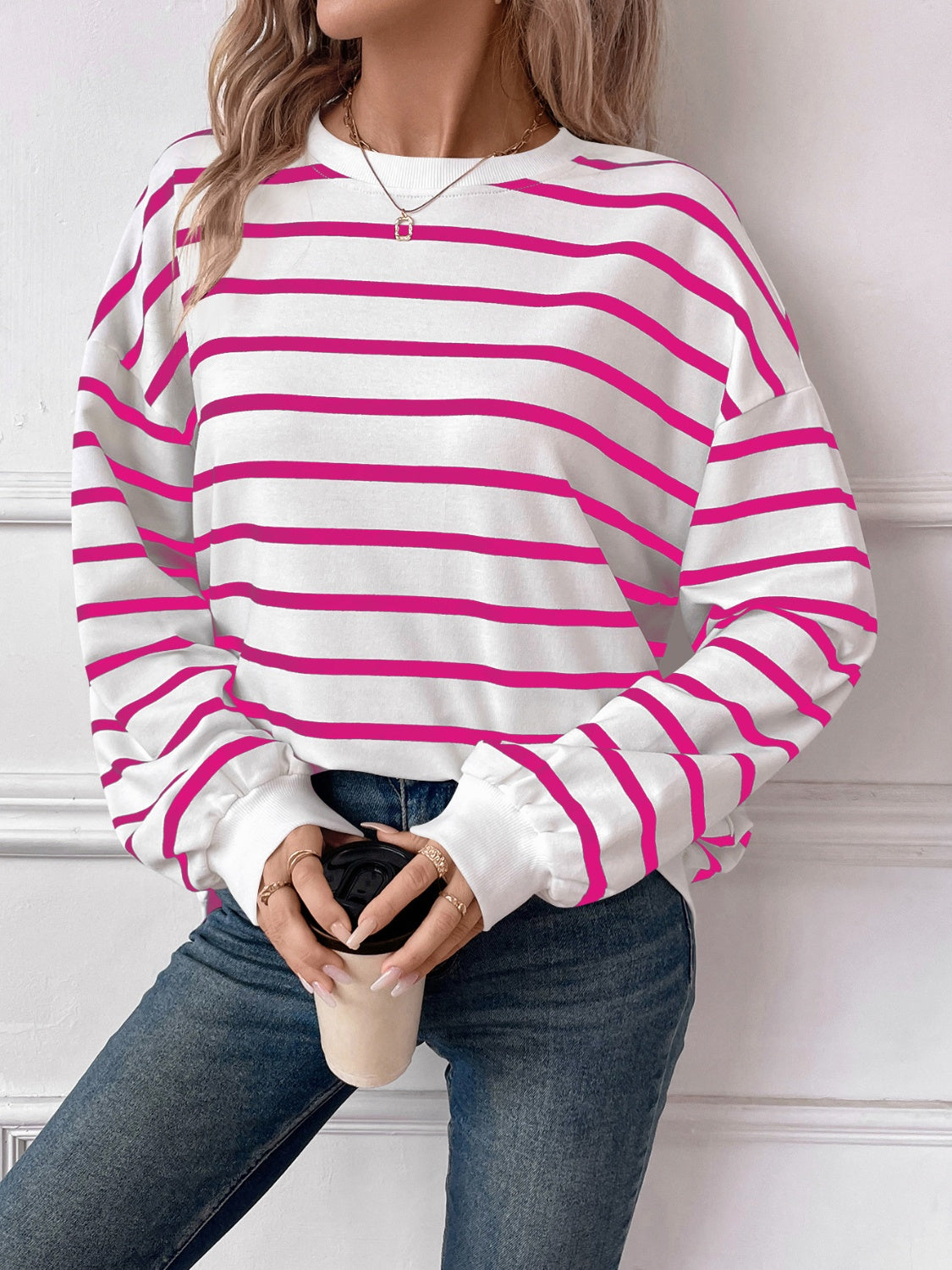 Lovelet Striped Round Neck Long Sleeve Sweatshirt for Women - Cozy Casual Pullover Top for Fall & Winter - Perfect for Lounge, Workout, and Everyday Wear