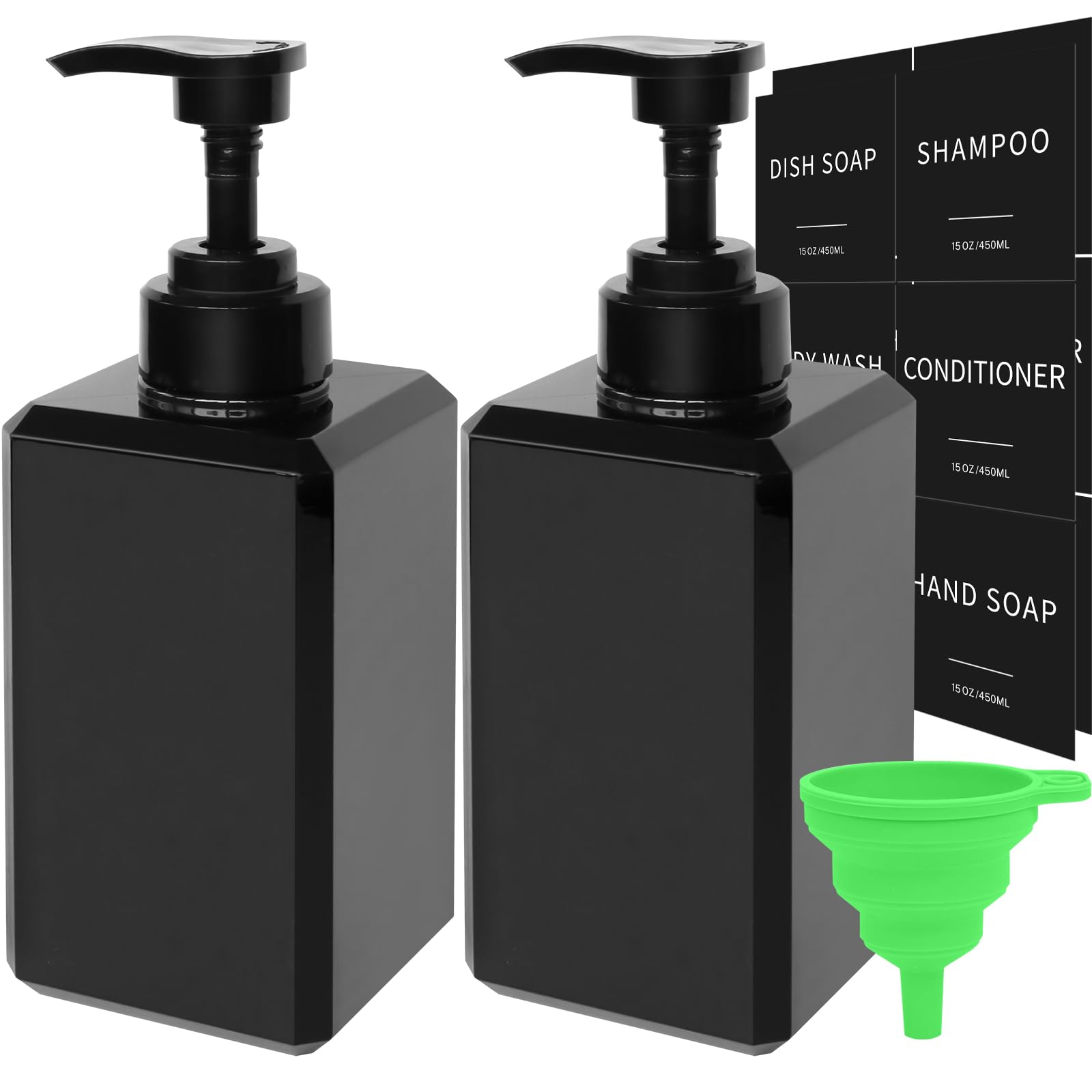 Black Soap Dispenser with Waterproof Labels - 15oz Thickened Plastic Hand Soap Dispenser for Bathroom, Kitchen, Dish Washing Liquid, Shampoo & Conditioner Bottles (2-Pack) - Perfect for Home, Office & Commercial Use