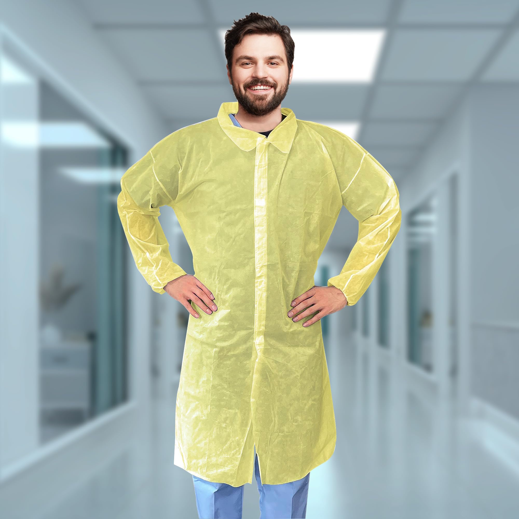 ABC Yellow Disposable Lab Coats for Adults - 2XL Size, 50 Pack Polypropylene Medical Protective Clothing, 44 Inches Long with Hook & Loop Closure, Elastic Wrists (No Pockets) - Ideal for Medical Labs, Painting, Science Experiments & Industrial Work PPE