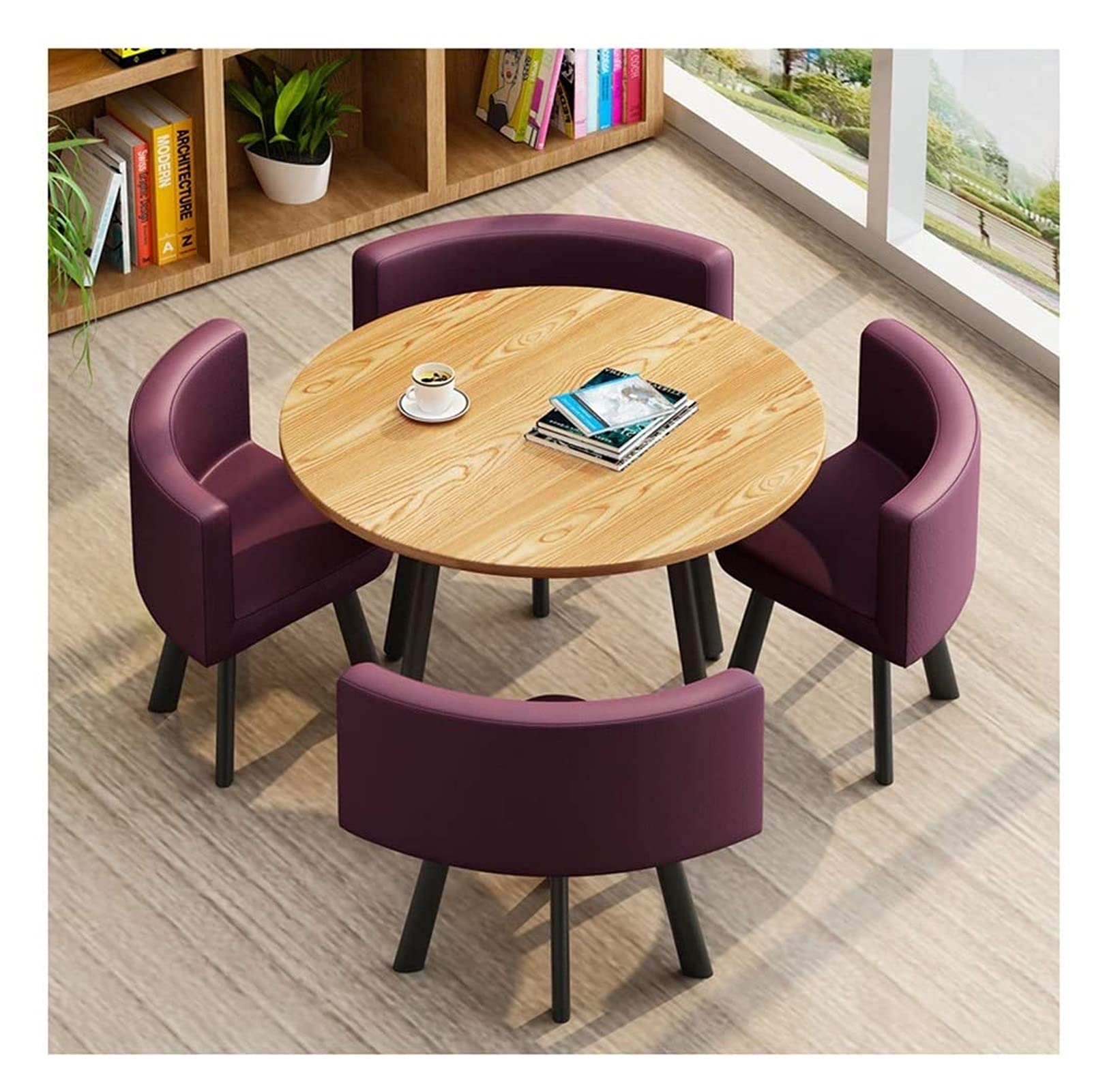 Modern Round Conference Table and Chair Set - 1 Table & 4 Chairs for Office, Home, Tea Room, Balcony & Reception Areas - Compact Negotiation Furniture in Purple - Perfect for Small Meetings, Workstations & Lounge Spaces