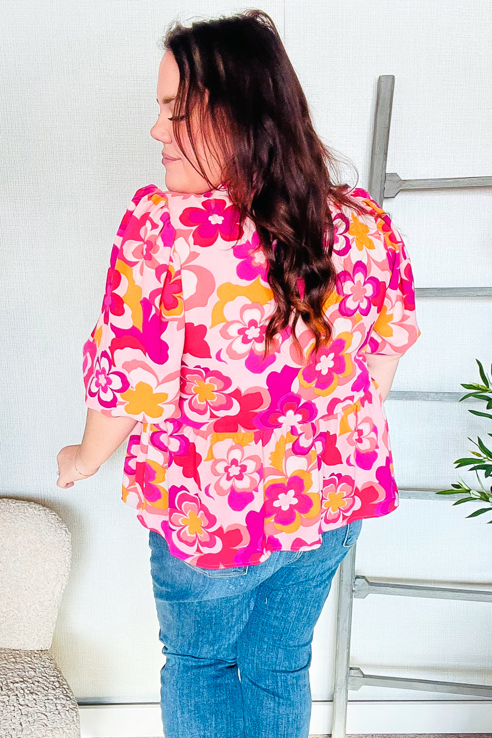 Pink & Yellow Floral Frill Balloon Short Sleeve Blouse - Romantic Spring Summer Tops for Date Night & Casual Outings