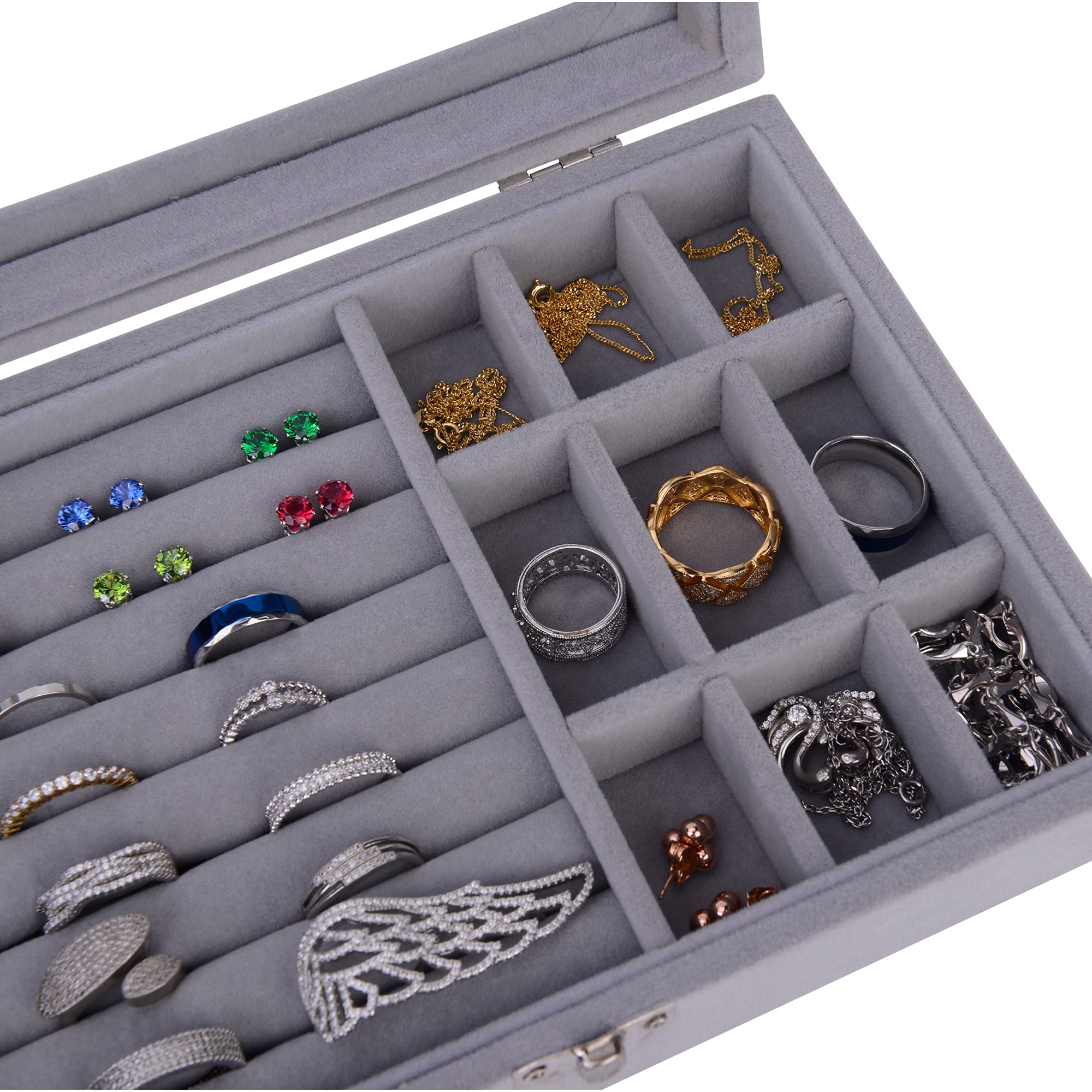 Elegant Jewelry Box for Women & Girls - Glass Top Ring Earring Necklace Bracelet Watch Storage Case - Perfect for Gifts, Travel & Home Organization (Grey)