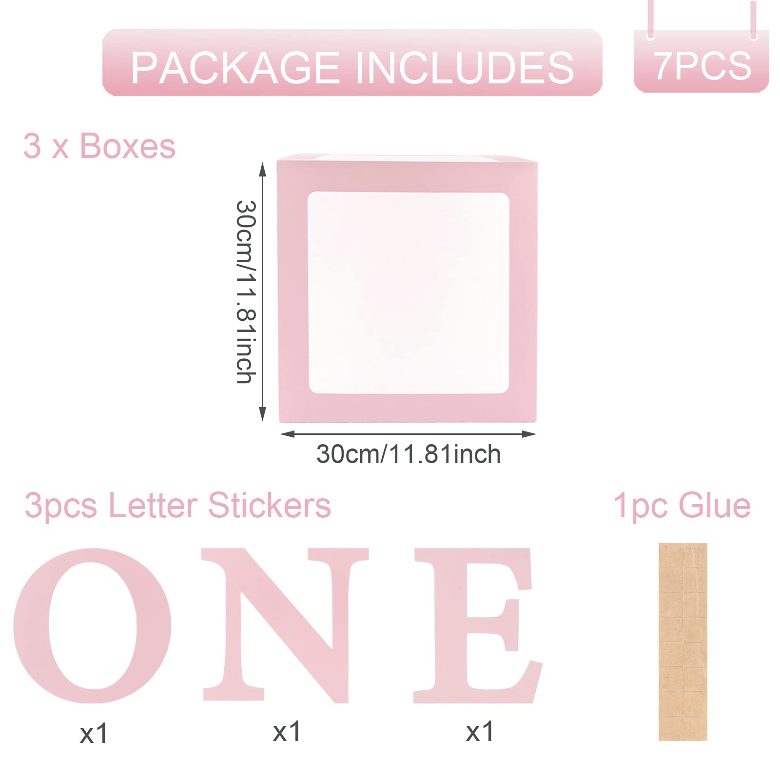 QIFU 1st Birthday Decorations for Girls - 3-Piece Pink ONE Letter Balloon Box Set with Blocks for Birthday Party Decor & Newborn Photo Props | Perfect for Baby's First Birthday, Gender Reveal, and Photography Backdrops