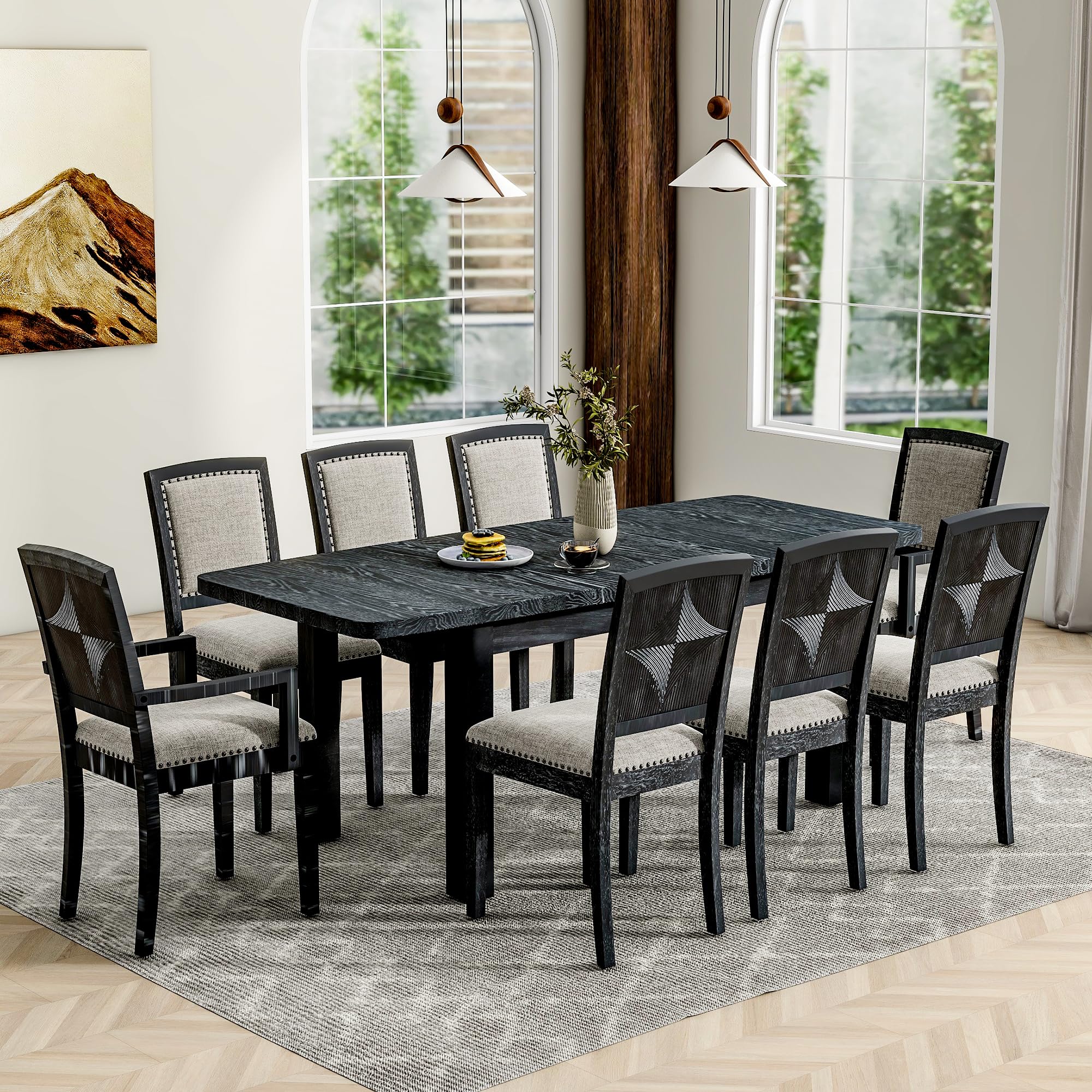Rustic Extendable 9-Piece Dining Table Set with Removable Leaf - 6 Armless & 2 Padded Arm Chairs - Black Farmhouse Kitchen Furniture for Family Gatherings and Dinner Parties