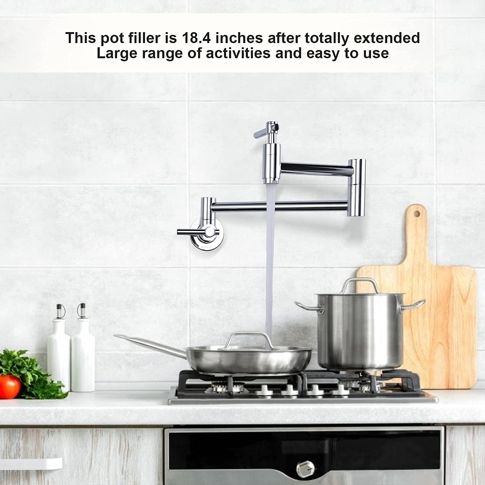 Solid Copper Chrome Wall Mount Pot Filler Faucet - Single Hole Folding Kitchen Faucet with Double Joint Swing Arm for Over Stove Installation | Perfect for Filling Pots, Pans & Large Containers While Cooking