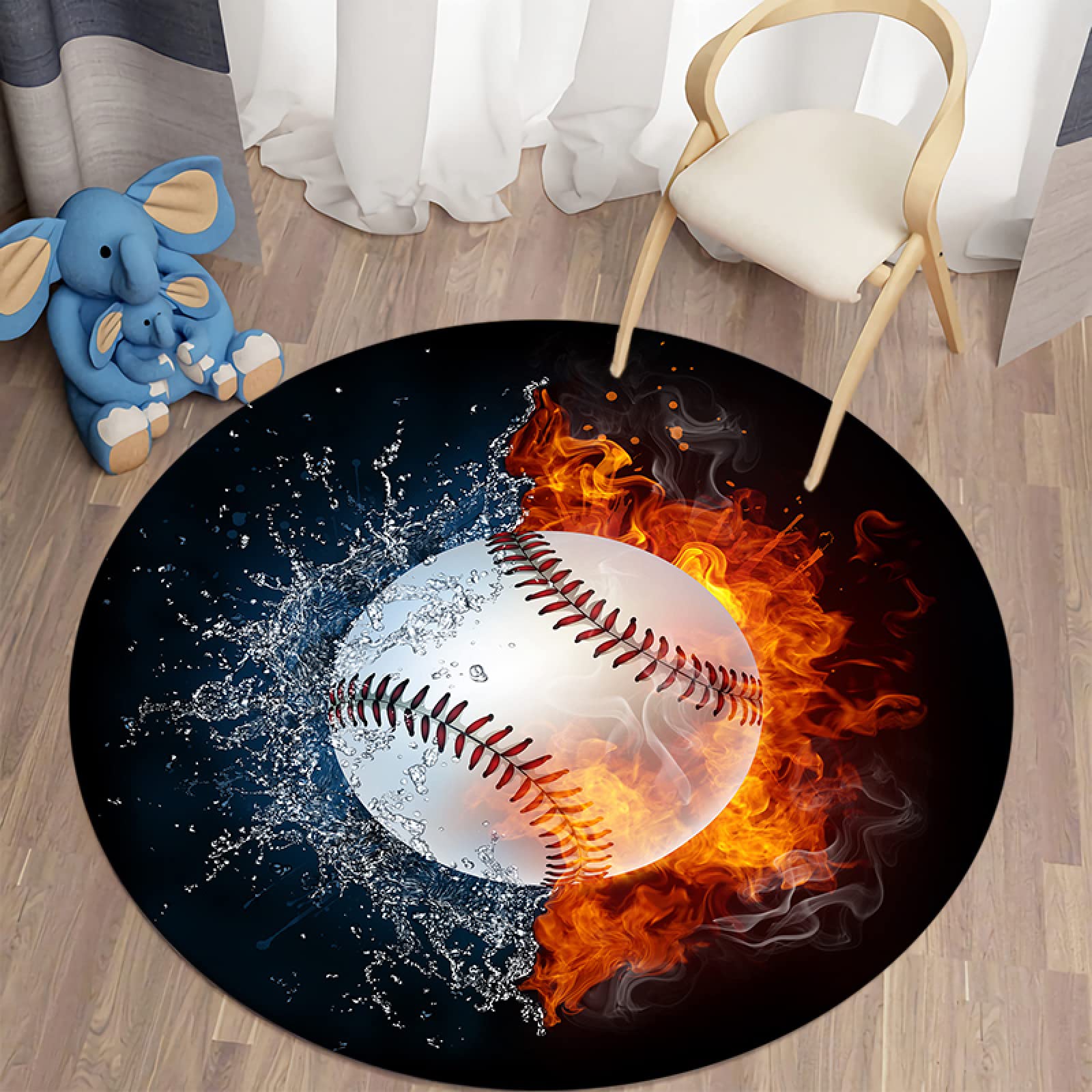 MASTPOINT Ice Fire Baseball 3D Round Area Rug - Non-Slip Living Room Carpet, Coffee Table Rug for Boys & Girls Bedroom, Study Room Floor Mat - Perfect for Sports Themed Decor & Kids Play Area