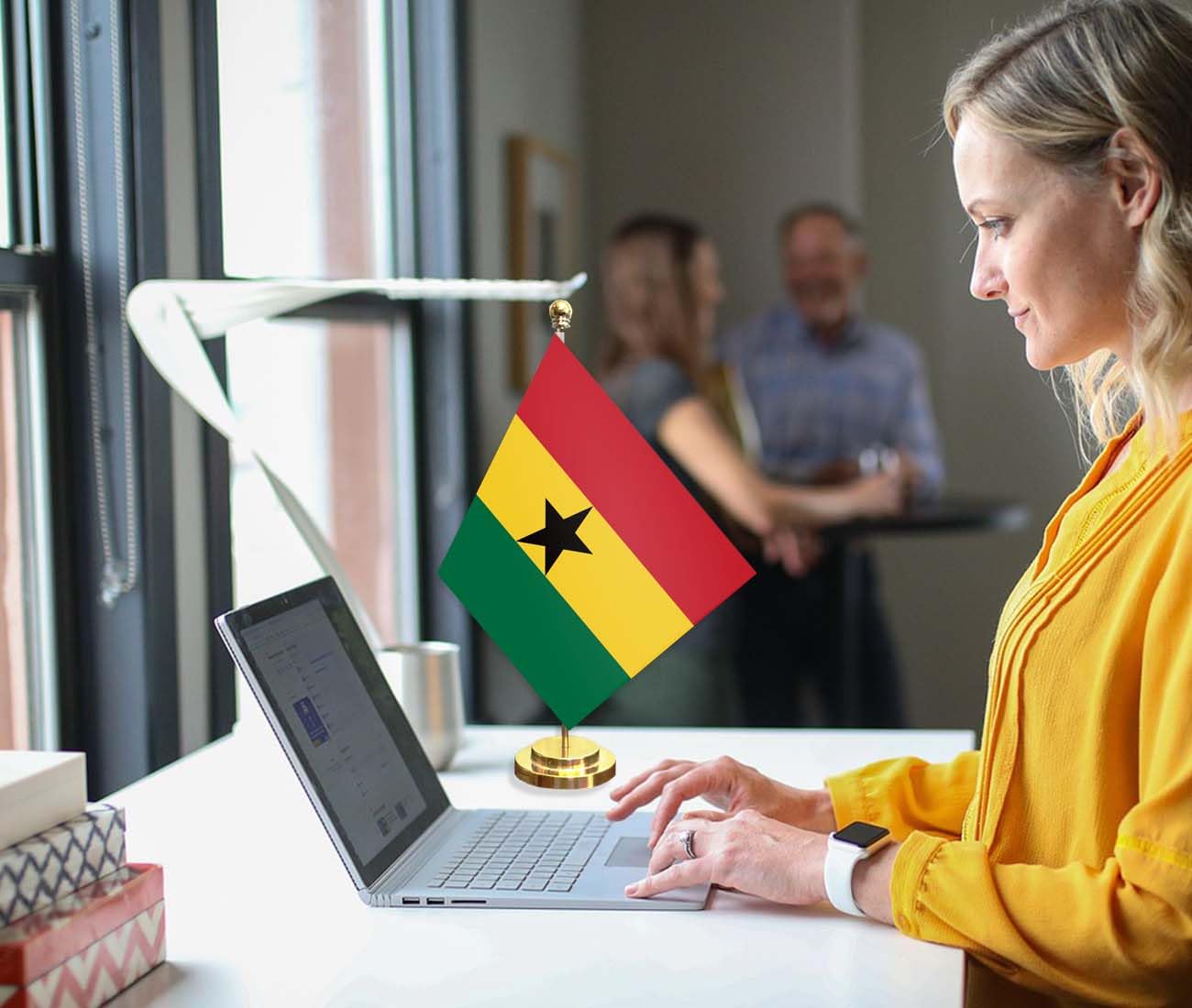 2PCS Ghana Desk Flag Set - 12 Inch Tall Small Ghanaian Indoor Banner with Tiny Printing - Perfect for Office, Home, and Table Decor (Ghana National Flag) - Great for World Cup, Independence Day & Cultural Events