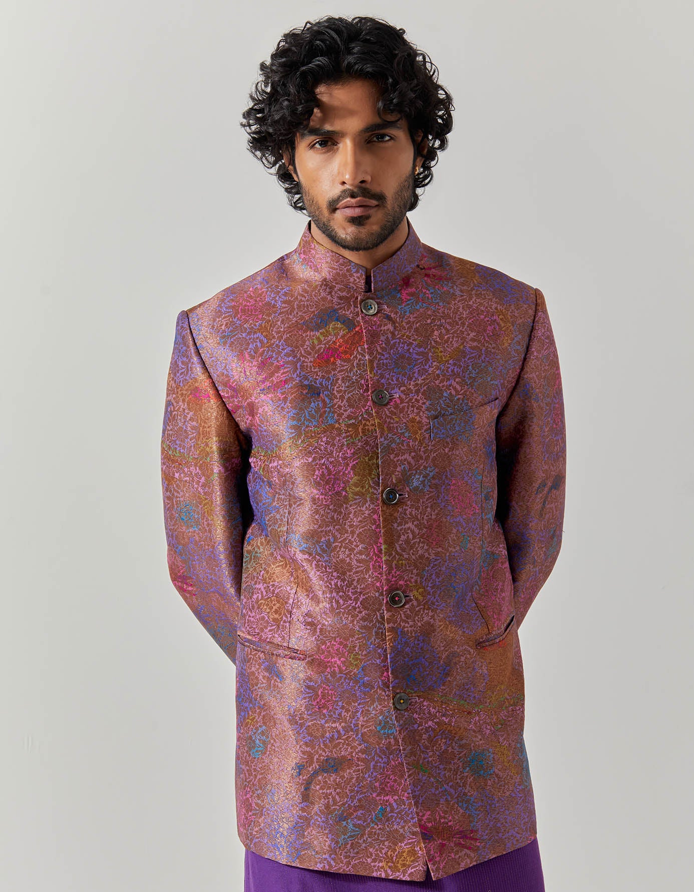 Bandhgala Silk Brocade Amethyst Fresco Jacket for Men | Elegant Indian Wedding Sherwani | Perfect for Formal Events & Cultural Celebrations