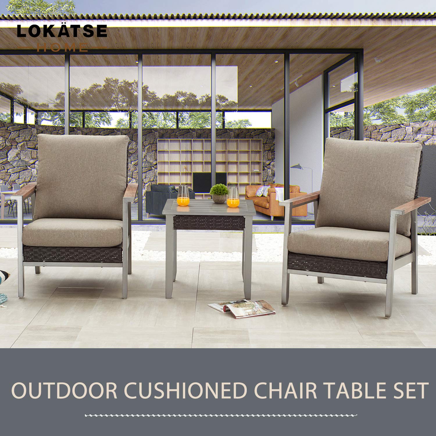 LOKATSE HOME 3-Piece Patio Furniture Set - Wicker Rattan Chairs with Coffee Table, Metal Frame & Cushions for Outdoor Dining - Dark Grey Bistro Set for Backyard, Porch, Balcony, Garden or Poolside Relaxation