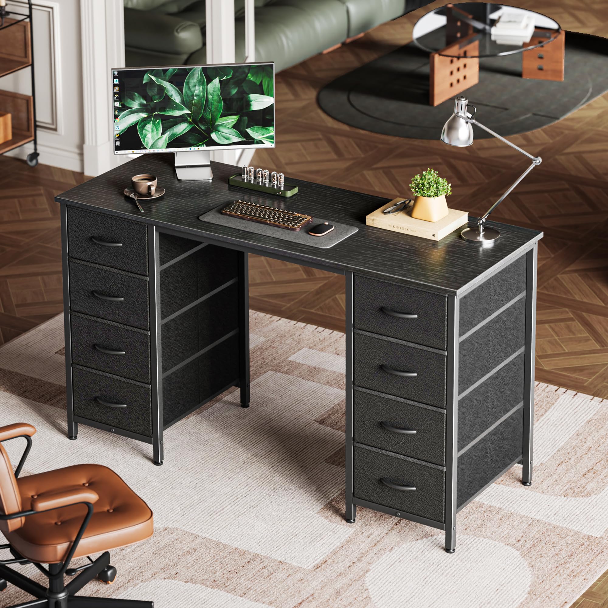 Huuger 47 Inch Computer Desk with 8 Fabric Drawers - Black Home Office Desk for Work, Study & Gaming | Spacious Storage Workstation for Small Spaces & Dorm Rooms | Ergonomic Writing Desk for Professionals & Students