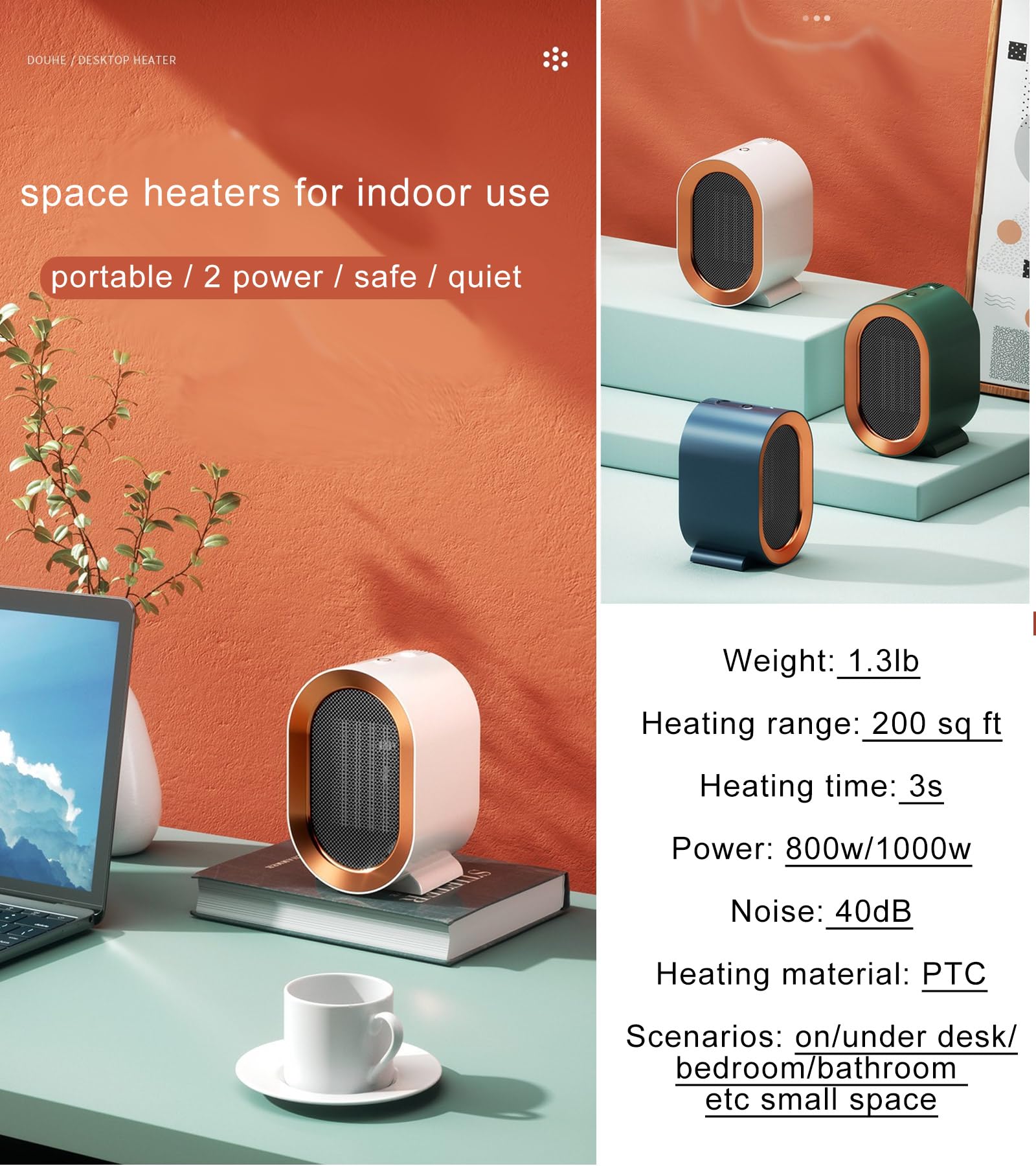 Best Electric Space Heaters for Indoor Use - 1000W Portable Small Room Heater with Fan for Bedroom, Bathroom & Camping | Quiet Mini Heater for Office Under Desk, Table - Covers 300 Sq Ft - Perfect for Home, Office & Travel