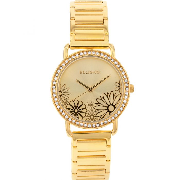 Ellis & Co 'Eden' Floral Crystal Women's Watch - Elegant Gold-Tone Bracelet with Rhinestones, Perfect for Weddings, Parties & Special Occasions