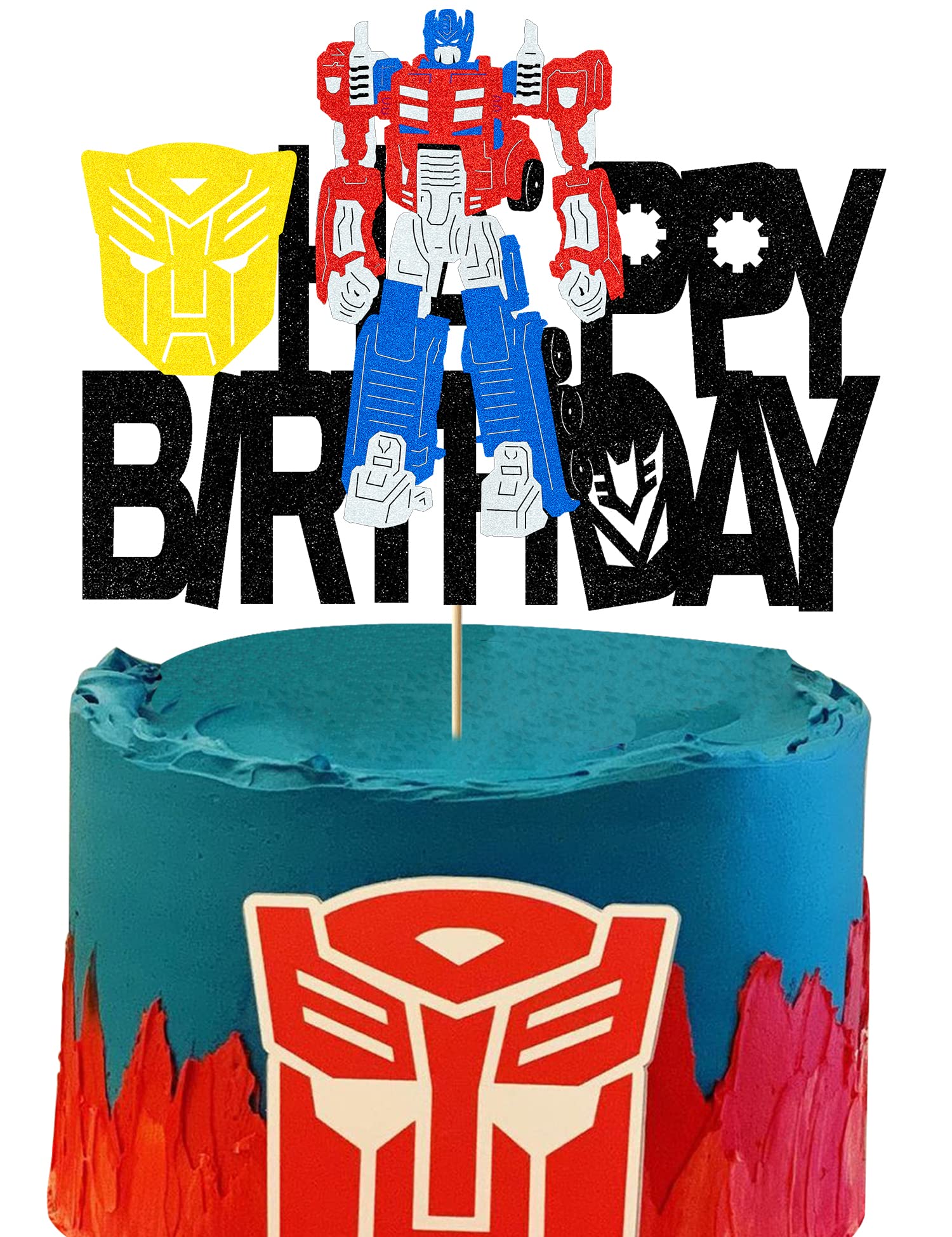 Gibelasaa Glitter Robot Cake Topper - Happy Birthday Cake Decoration for Robot Theme Party Supplies - Perfect for Boys Birthday Favors & Kids Celebration Decor