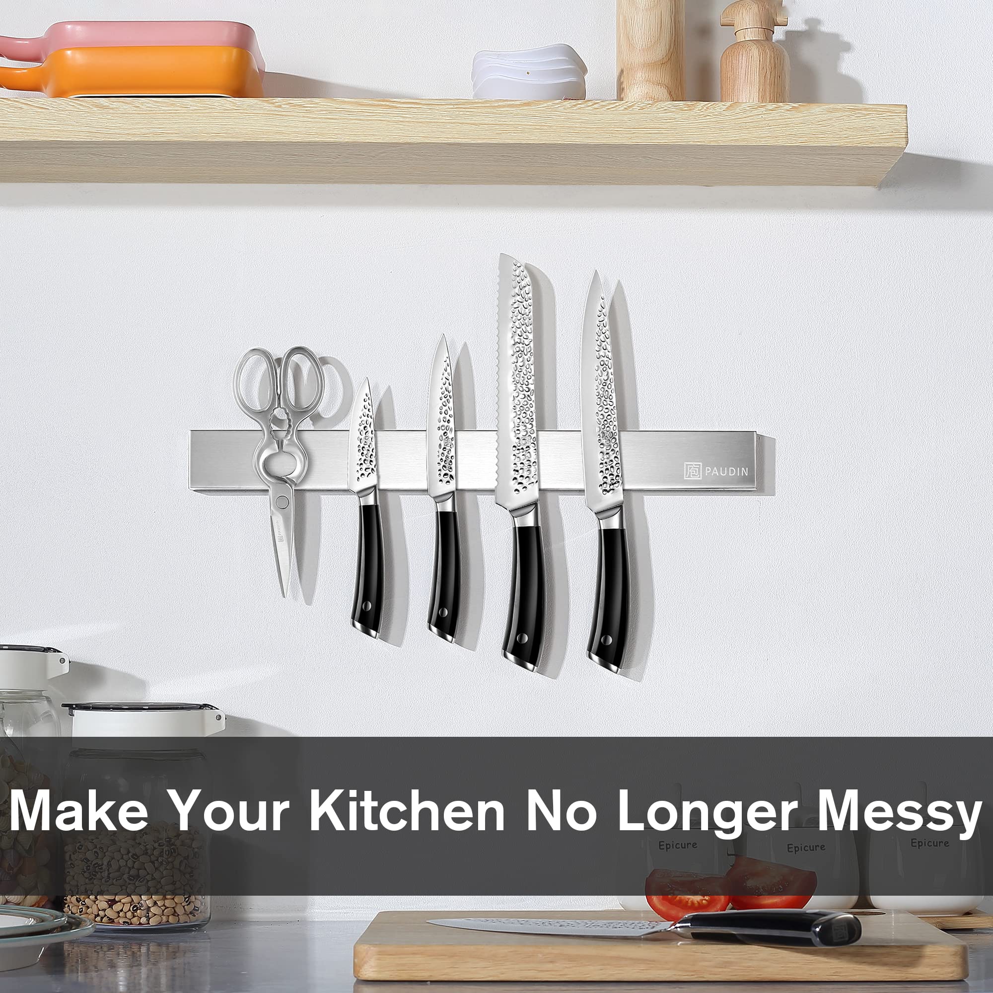Paudin 17.7 Inch Magnetic Knife Bar - Wall Mount Stainless Steel Knife Holder & Organizer for Kitchen Knives, Utensils, Tools | Perfect for Home, Restaurant & Professional Chef Use