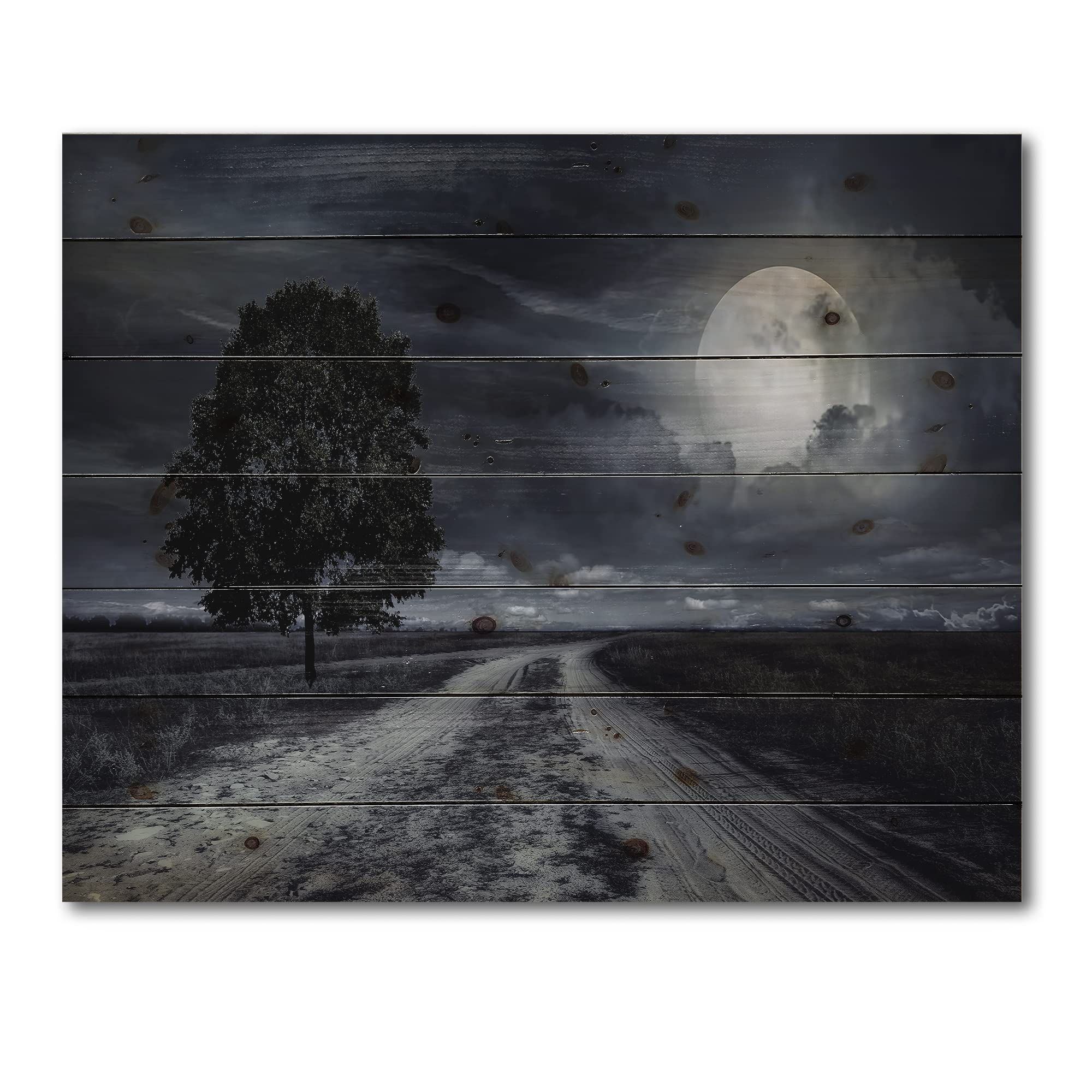 Paved Road Under Full Moon - Nautical Coastal Wood Wall Decor - Black Wood Wall Art - Large Landscape Wood Panel Printed on Natural Pine - Home Office Beach House Decor