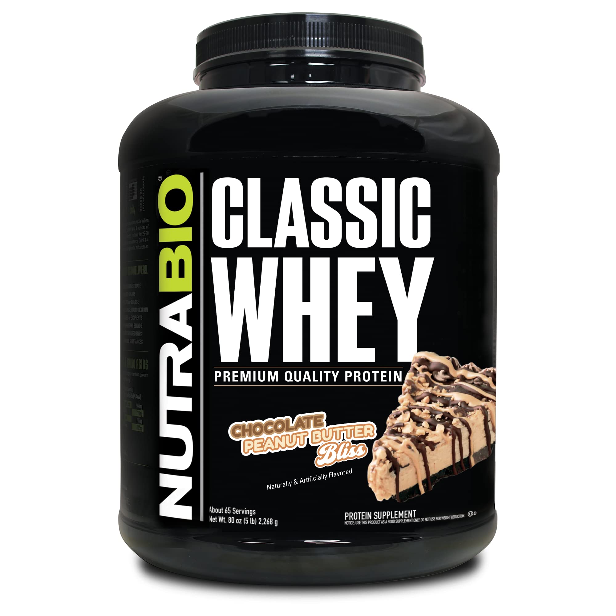 NutraBio Classic Whey Protein Powder - 25G Protein Per Serving - No Fillers, Artificial Colors or Preservatives - Low Glycemic Index - Chocolate Peanut Butter Flavor - 5 Lbs (80 Servings) - Perfect for Post-Workout Recovery, Muscle Building & Healthy Lifestyle