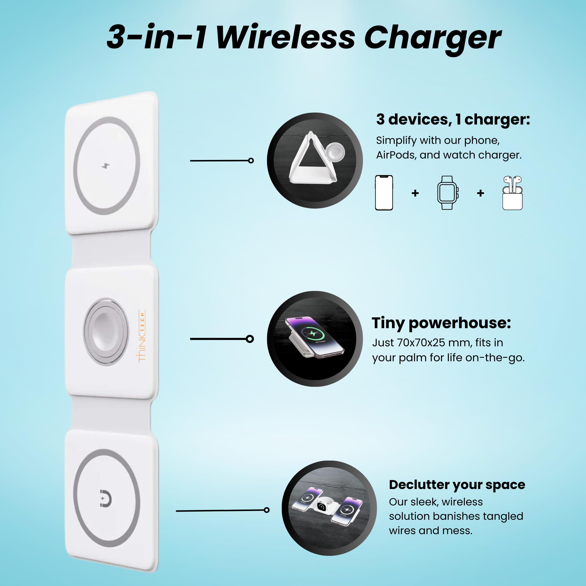 3-in-1 Wireless Charging Station for iPhone, AirPods & Apple Watch | Fast Qi-Certified Charger with MagSafe | Portable Travel Charging Dock for Office, Bedside & Car Use