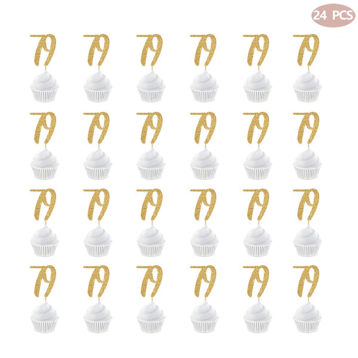 Gold Happy 79th Birthday Cupcake Toppers - 24-Pack Glitter Number 79 Cake Decorations for Anniversary Party, Retirement Celebration & Milestone Birthday