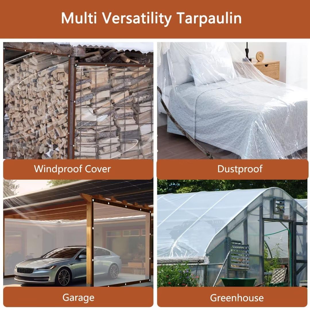 Clear PE Tarpaulin Tarp 4x8FT - Transparent, Waterproof, Tear-Resistant with Grommets - Greenhouse Cover, Balcony Tent, Gardening, Chicken Coop, Painters Drop Cloth - Perfect for Outdoor Protection & DIY Projects